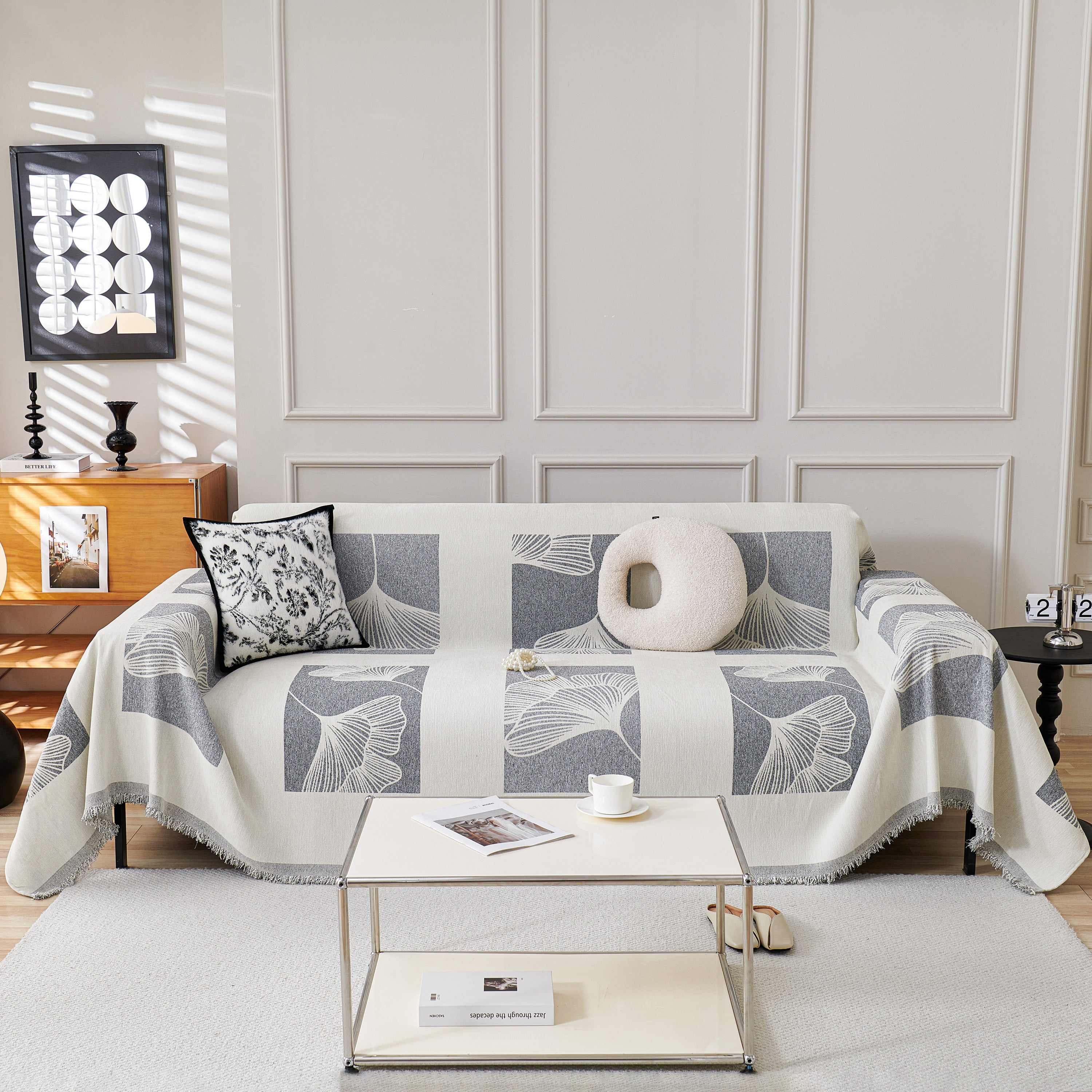 Reversible Ginkgo Leaf Furniture Slipcovers For Sofas Scratch Resistant Sectional Sofa Throw Covers