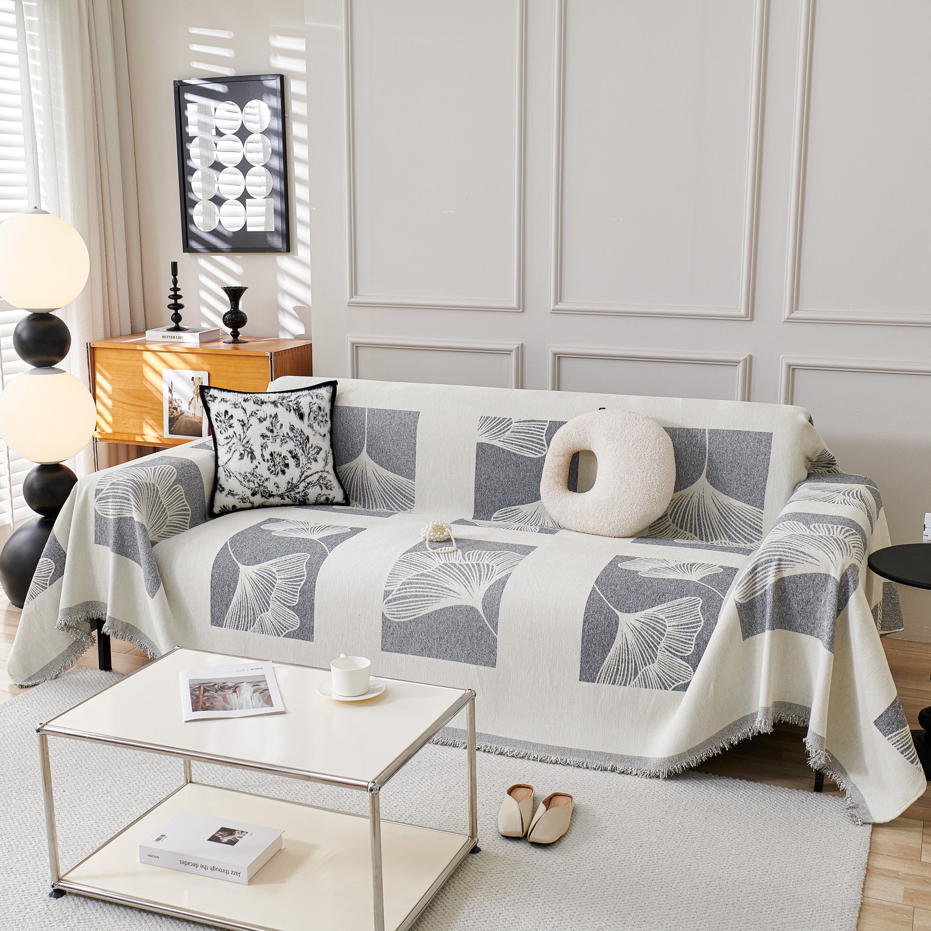 Reversible Ginkgo Leaf Furniture Slipcovers For Sofas Scratch Resistant Sectional Sofa Throw Covers