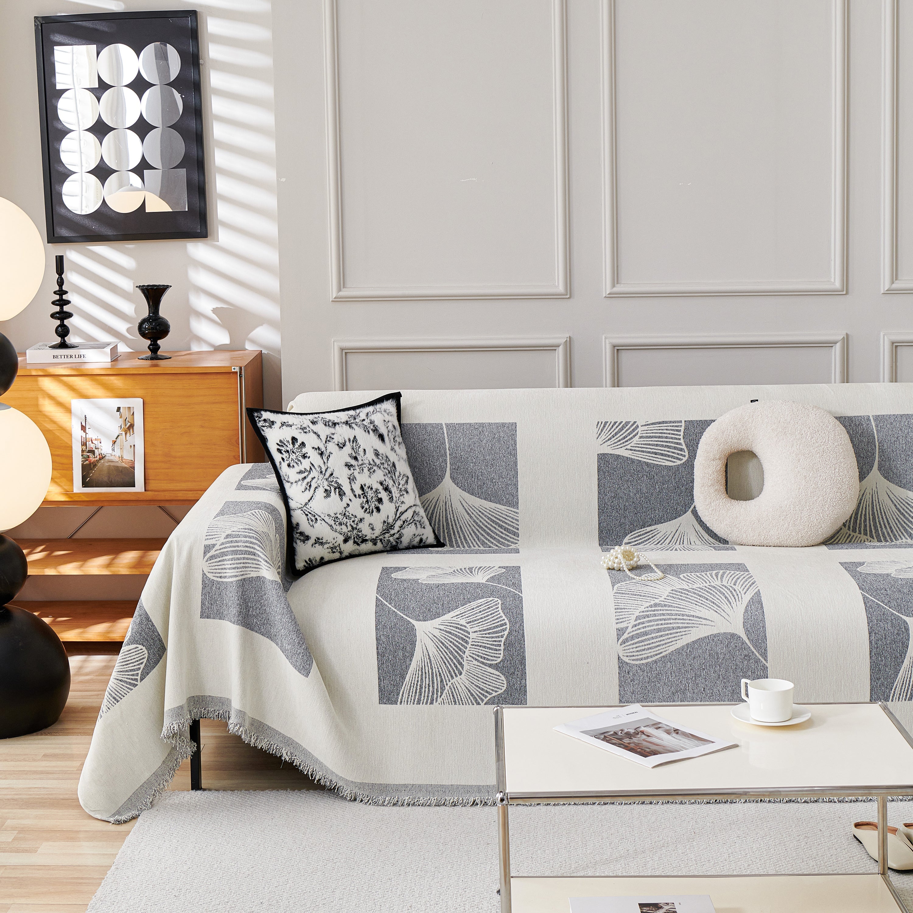 Reversible Ginkgo Leaf Furniture Slipcovers For Sofas Scratch Resistant Sectional Sofa Throw Covers