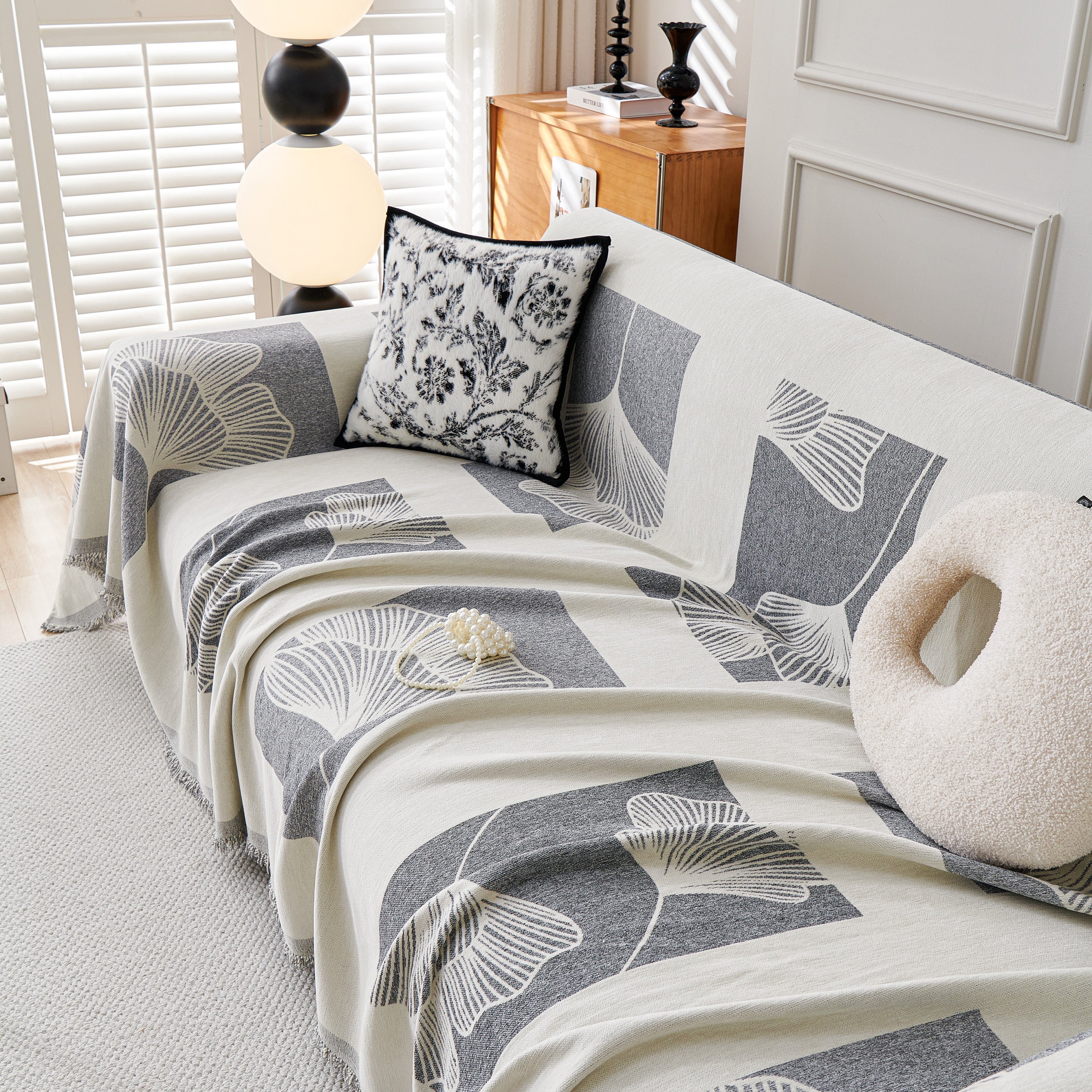 Reversible Ginkgo Leaf Furniture Slipcovers For Sofas Scratch Resistant Sectional Sofa Throw Covers