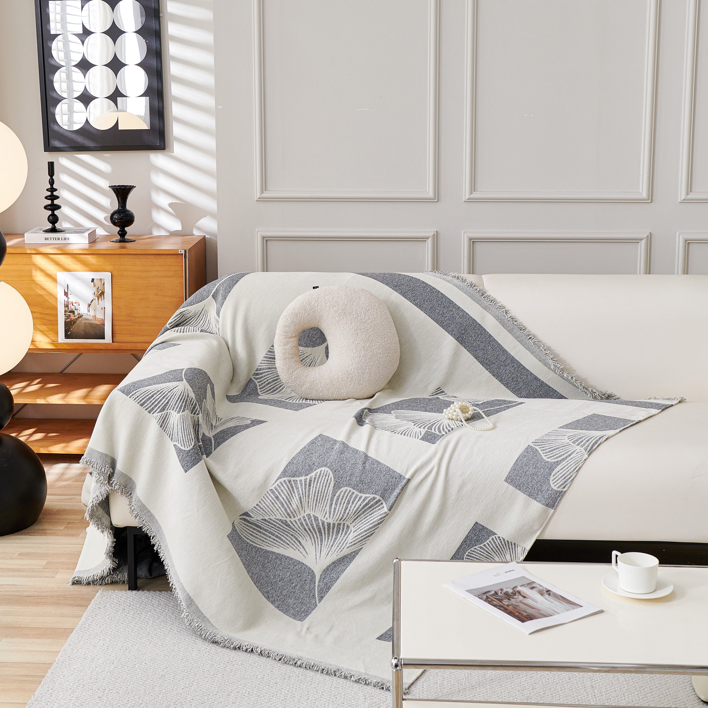 Reversible Ginkgo Leaf Furniture Slipcovers For Sofas Scratch Resistant Sectional Sofa Throw Covers