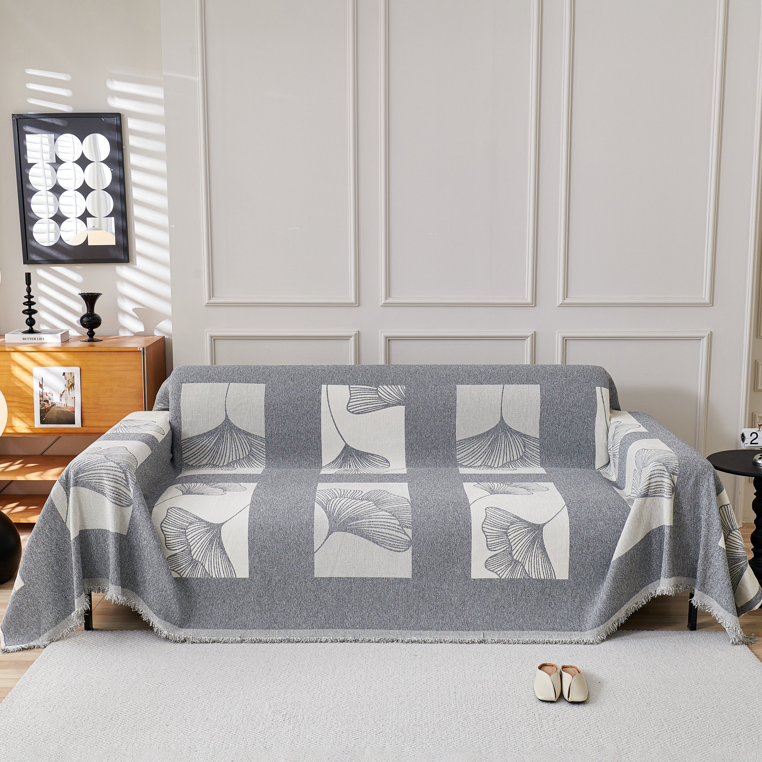 Reversible Ginkgo Leaf Furniture Slipcovers For Sofas Scratch Resistant Sectional Sofa Throw Covers