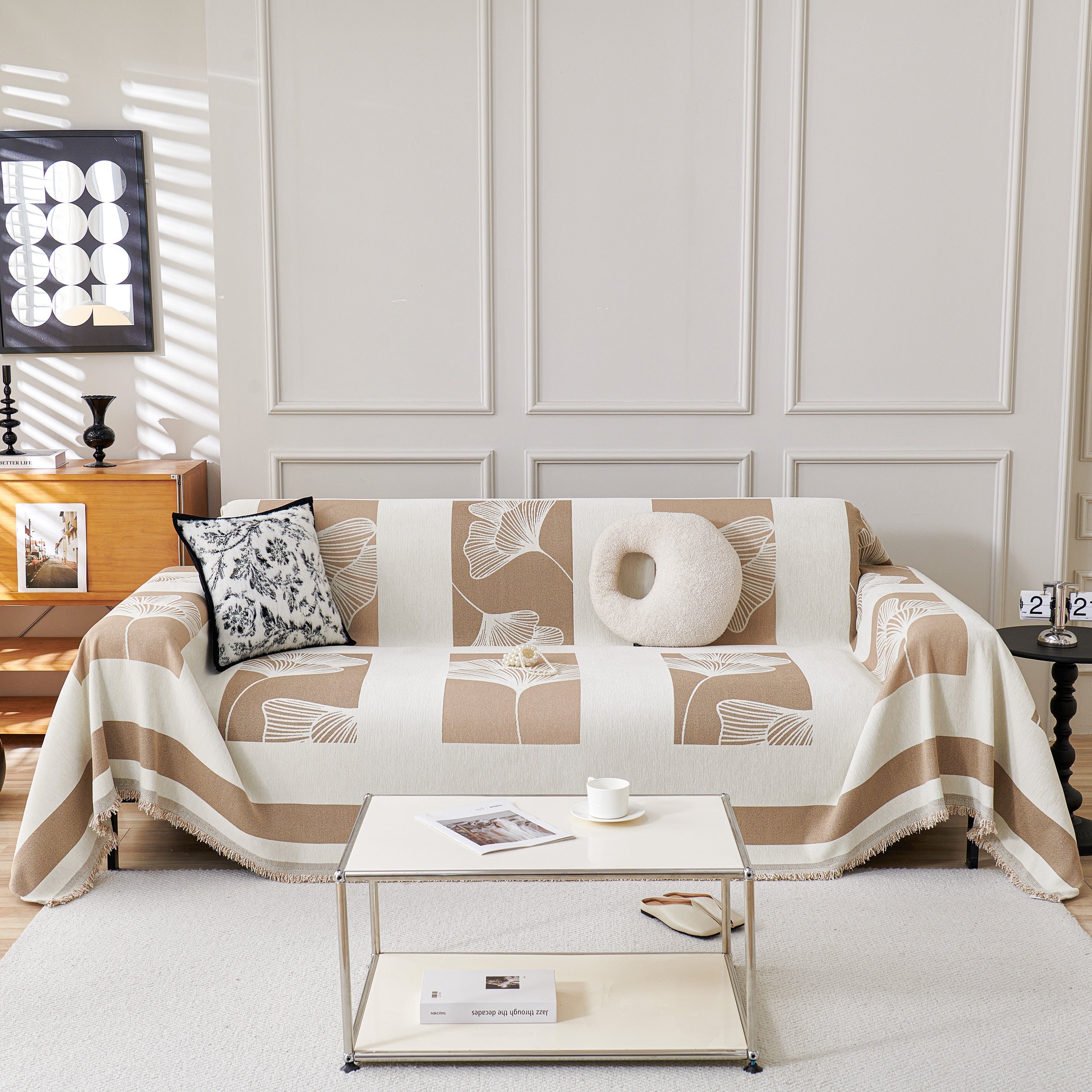 Reversible Ginkgo Leaf Furniture Slipcovers For Sofas Scratch Resistant Sectional Sofa Throw Covers