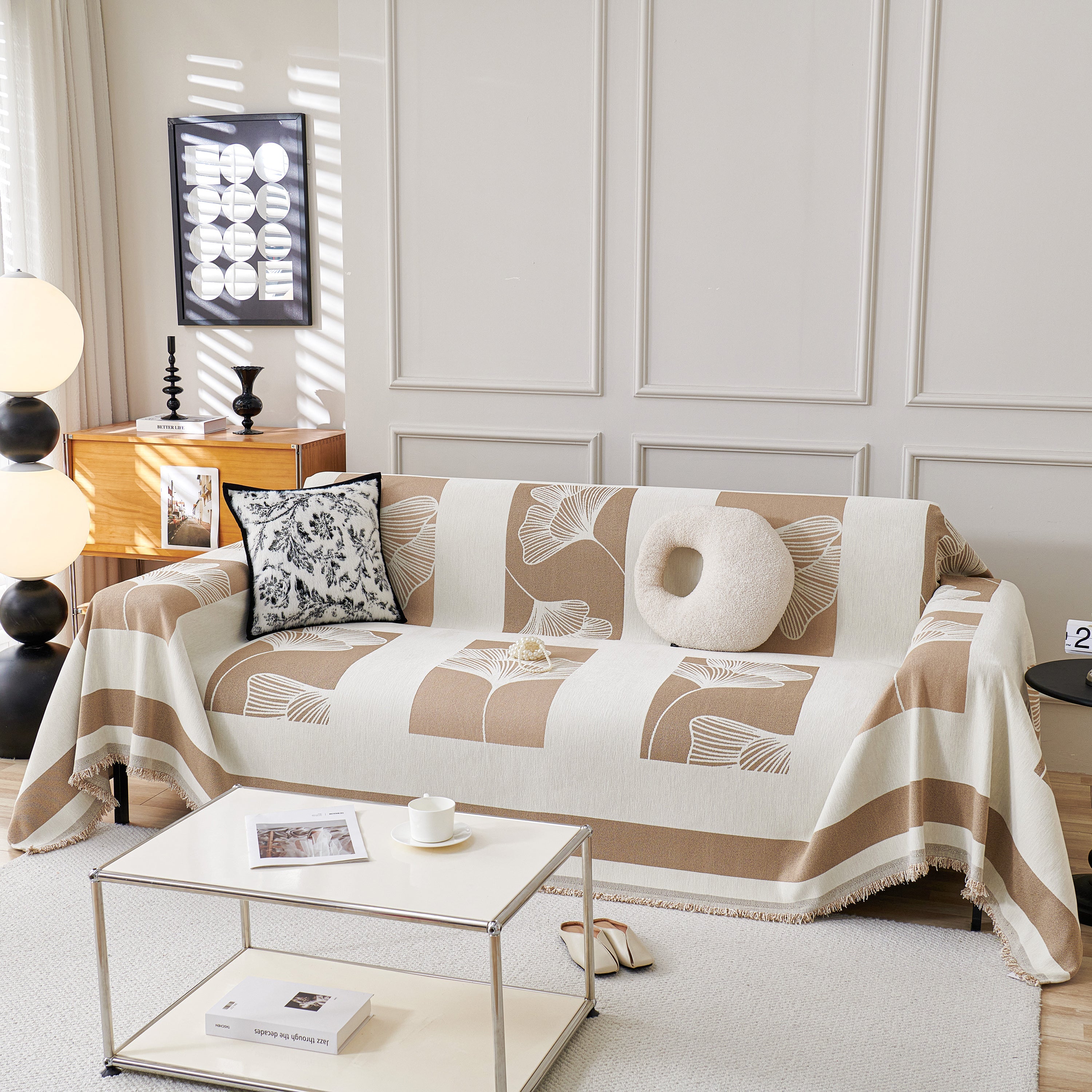 Reversible Ginkgo Leaf Furniture Slipcovers For Sofas Scratch Resistant Sectional Sofa Throw Covers
