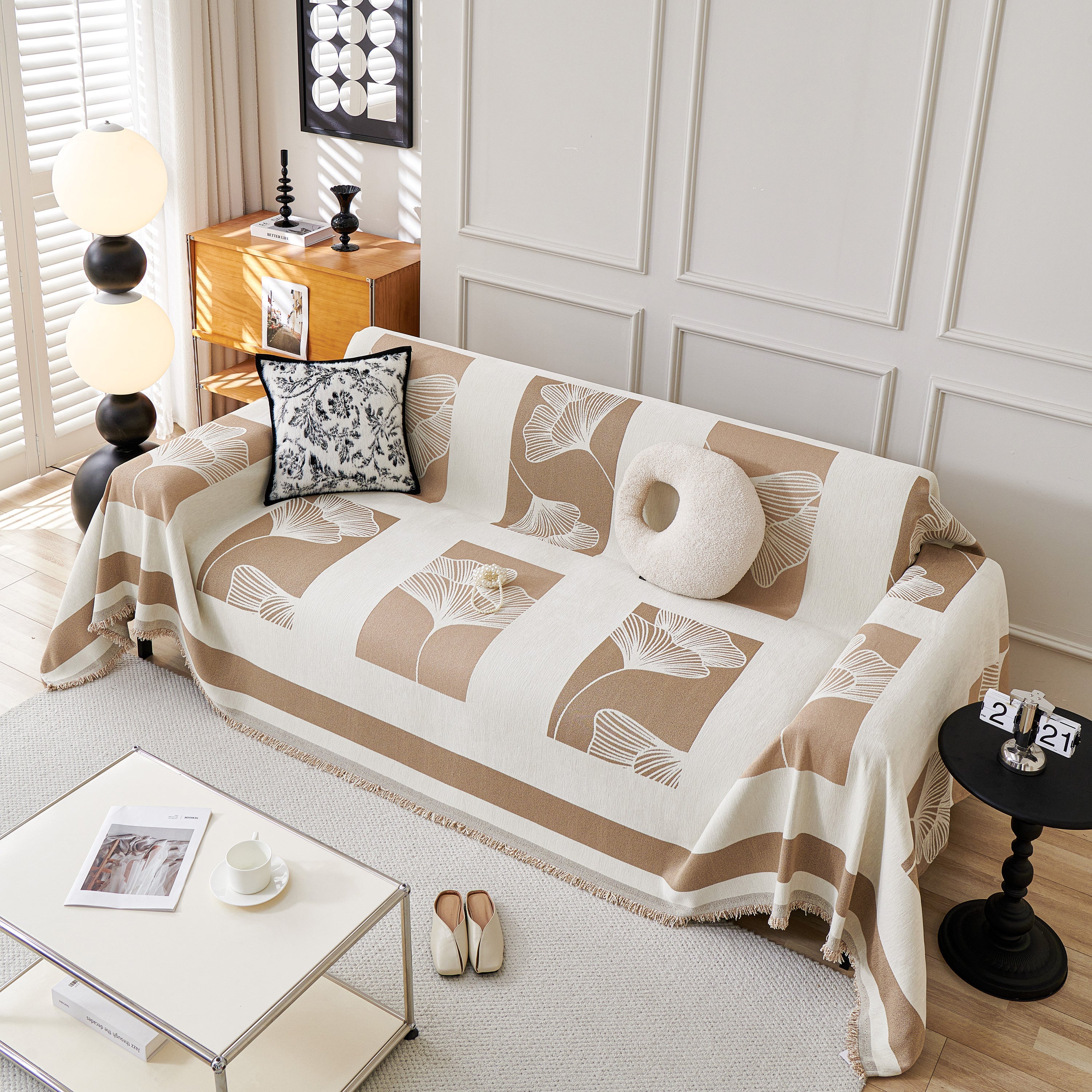 Reversible Ginkgo Leaf Furniture Slipcovers For Sofas Scratch Resistant Sectional Sofa Throw Covers