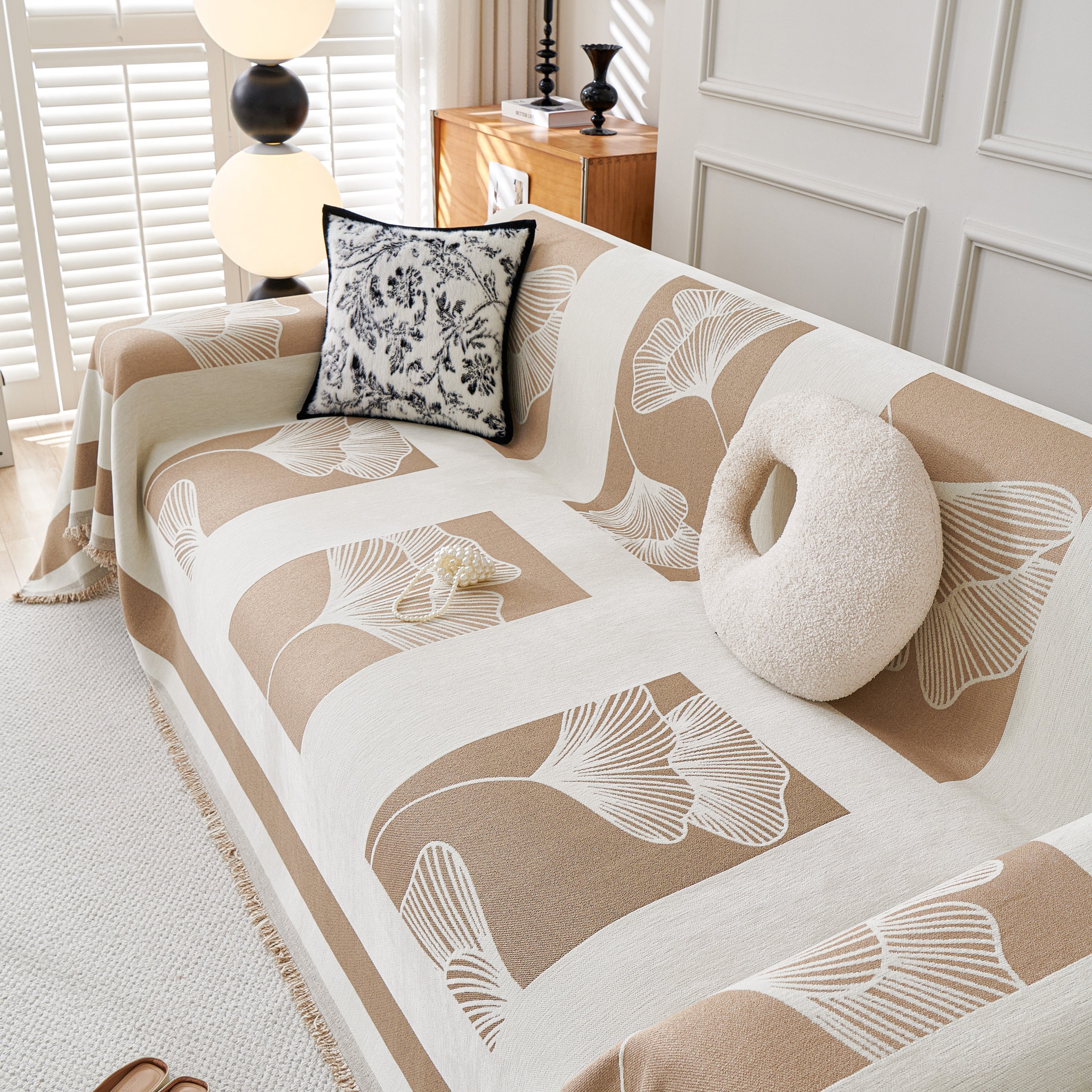 Reversible Ginkgo Leaf Furniture Slipcovers For Sofas Scratch Resistant Sectional Sofa Throw Covers