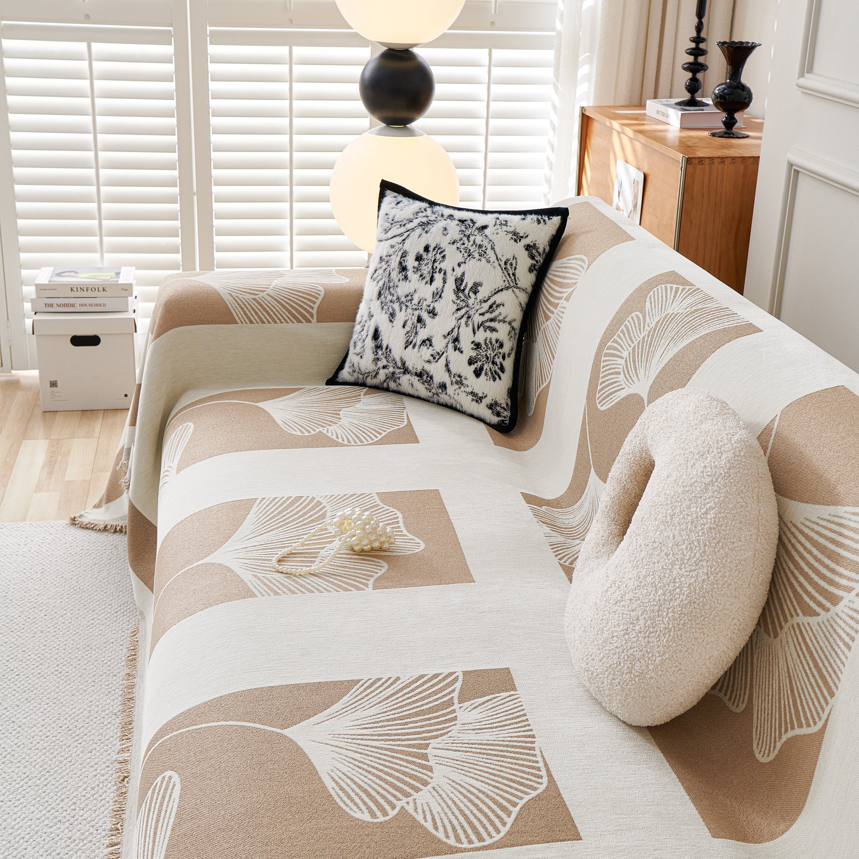 Reversible Ginkgo Leaf Furniture Slipcovers For Sofas Scratch Resistant Sectional Sofa Throw Covers