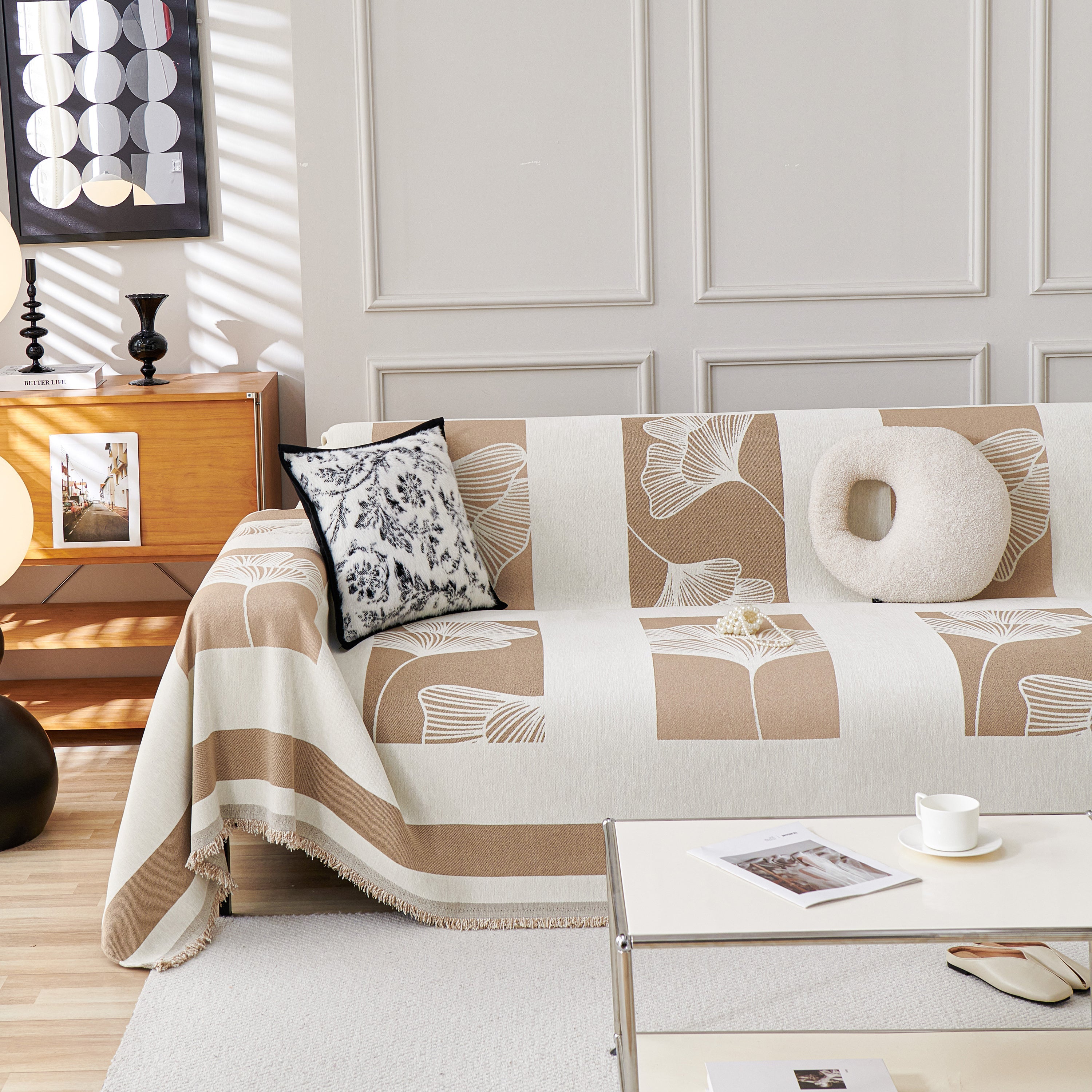 Reversible Ginkgo Leaf Furniture Slipcovers For Sofas Scratch Resistant Sectional Sofa Throw Covers