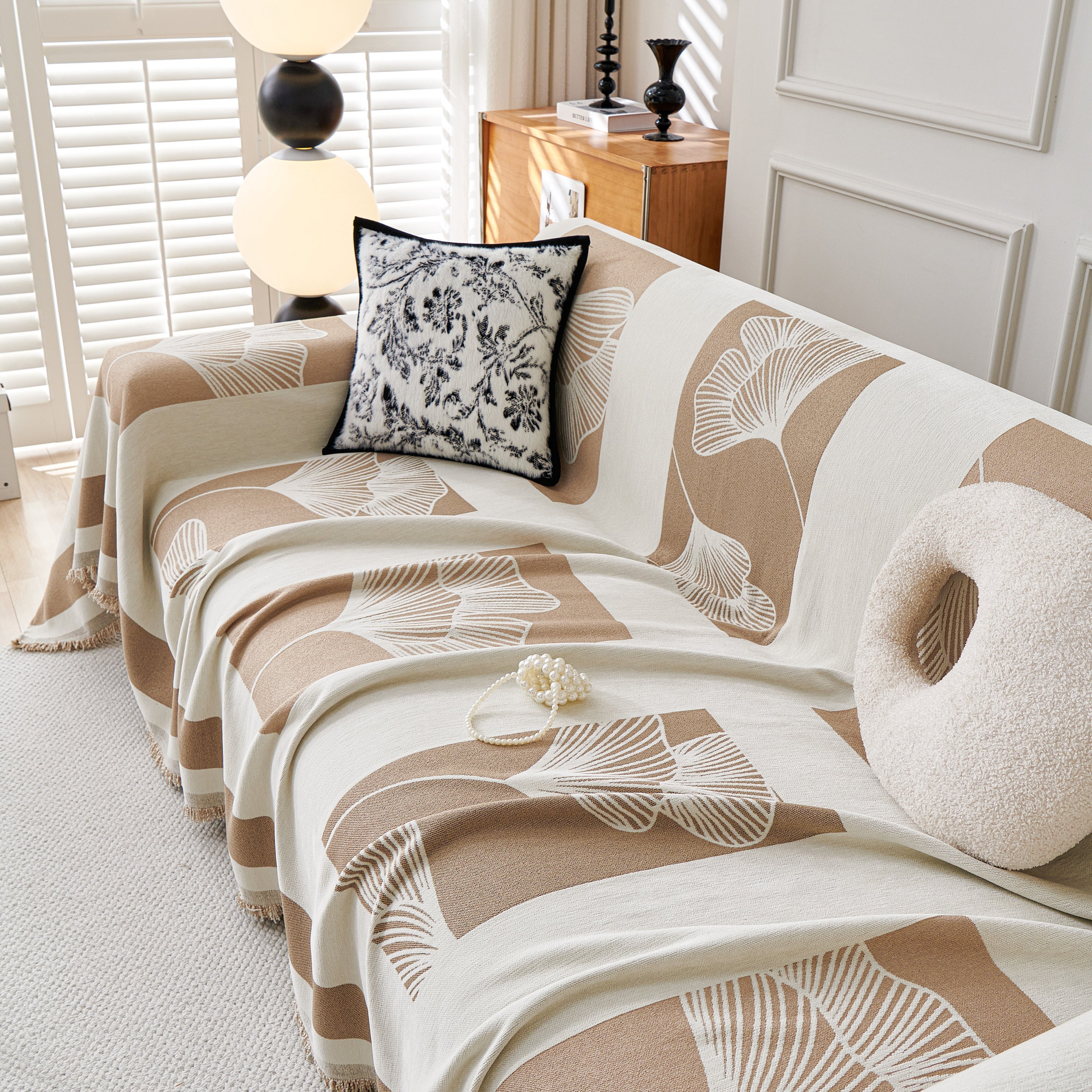 Reversible Ginkgo Leaf Furniture Slipcovers For Sofas Scratch Resistant Sectional Sofa Throw Covers