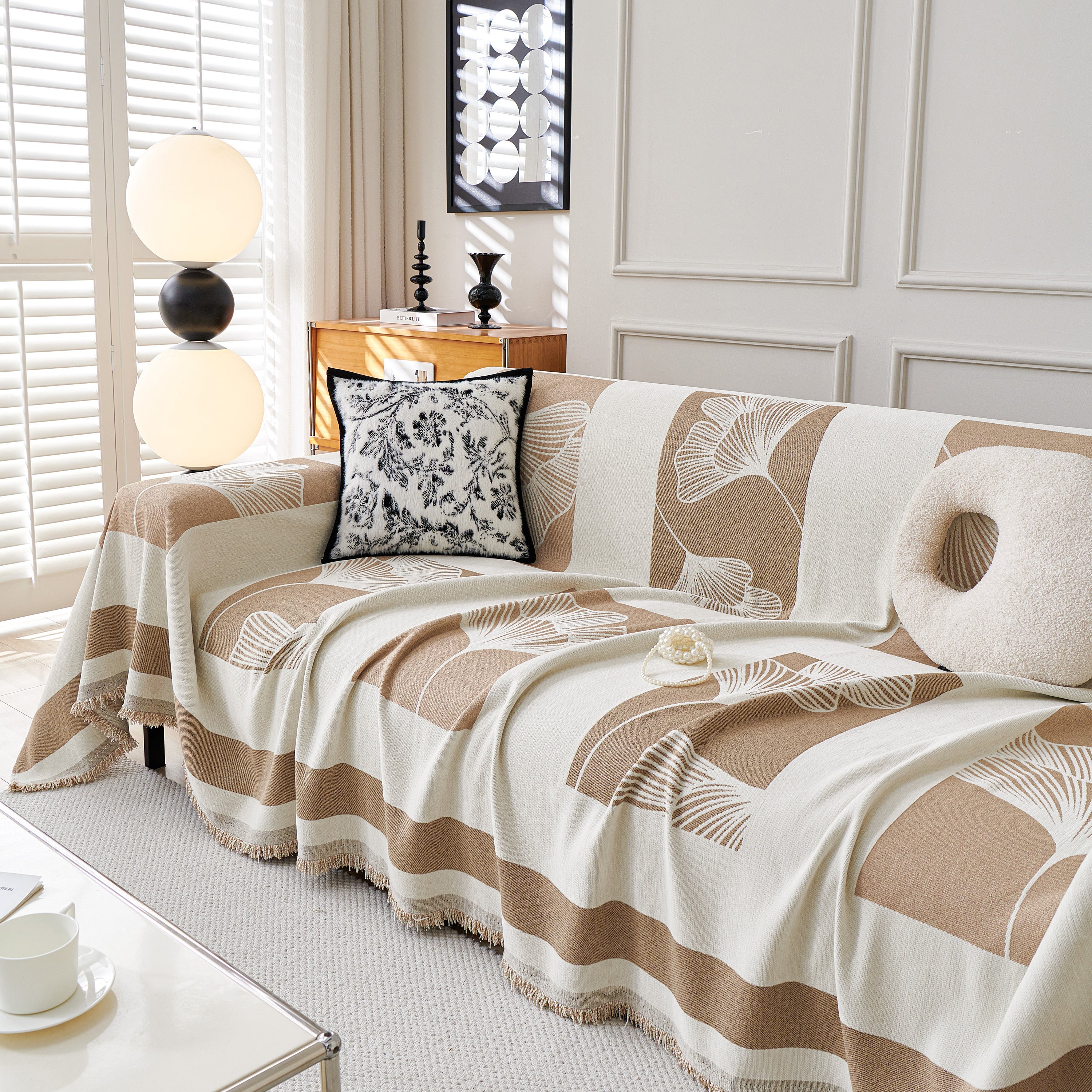 Reversible Ginkgo Leaf Furniture Slipcovers For Sofas Scratch Resistant Sectional Sofa Throw Covers