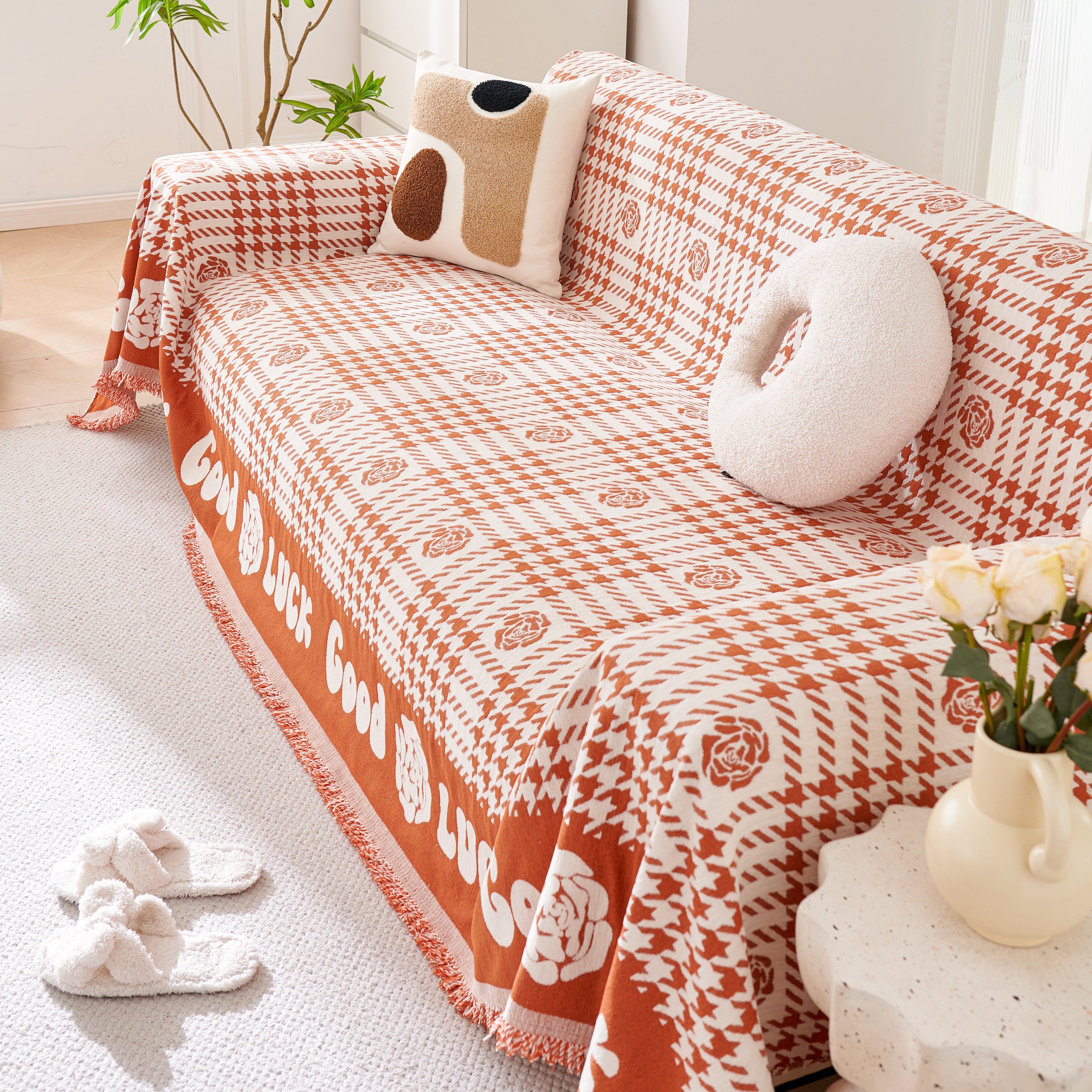 Chenille Houndstooth Sofa Throw Cover, Scratch Proof Cozy Throw Blankets For Couch