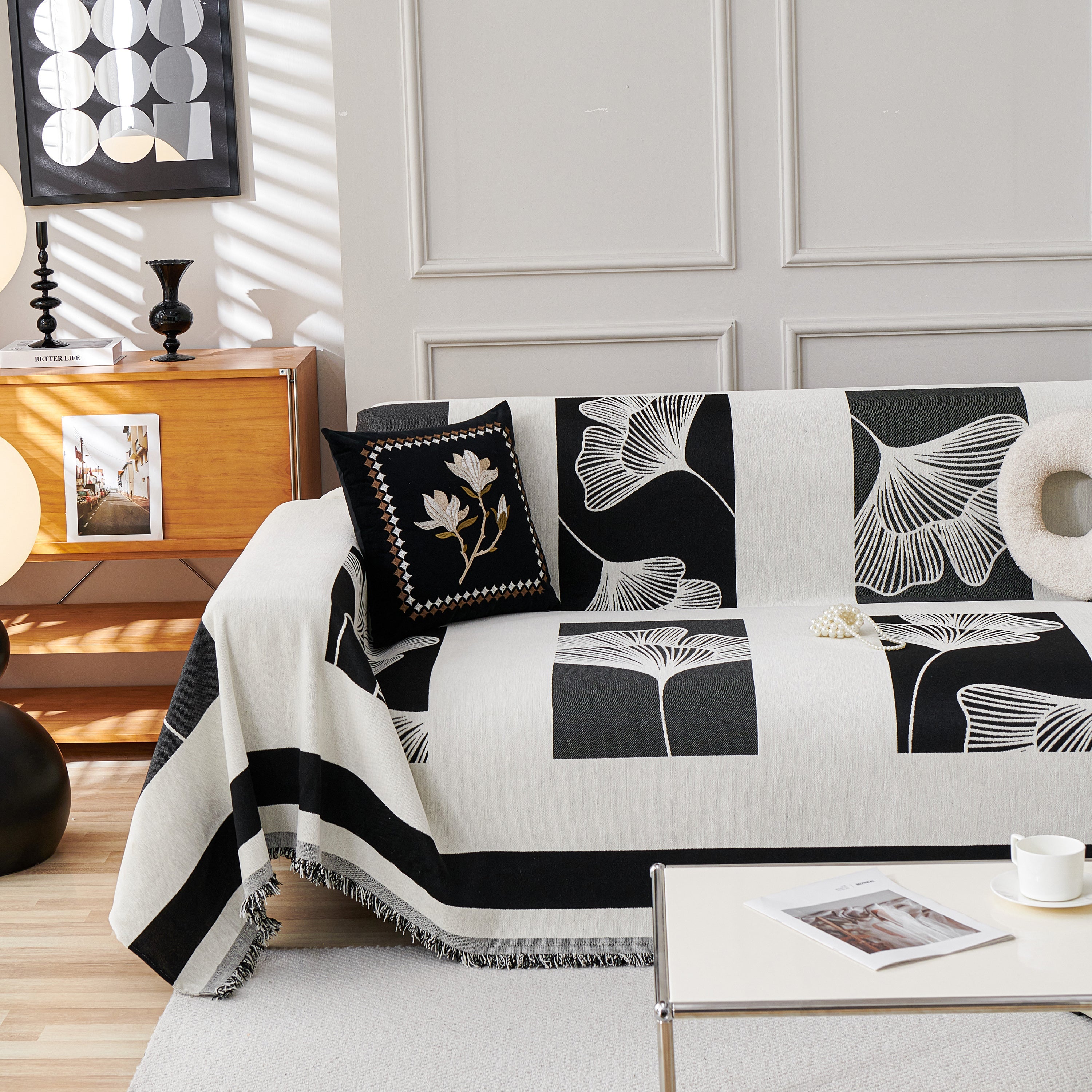 Reversible Ginkgo Leaf Furniture Slipcovers For Sofas Scratch Resistant Sectional Sofa Throw Covers