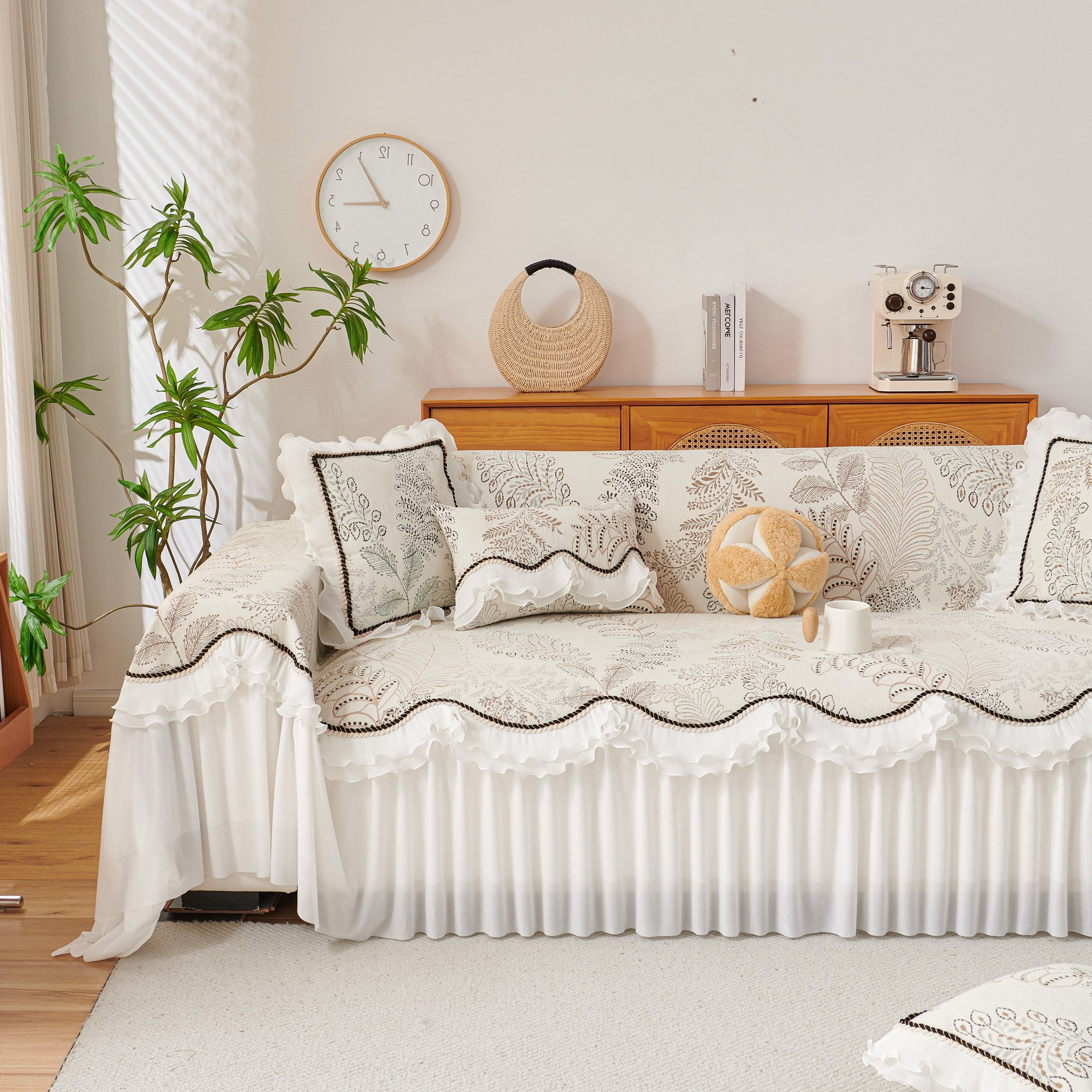 Farmhouse Ruffled Lace Sofa Slipcover Vintage Furniture Protector With Botanical Print