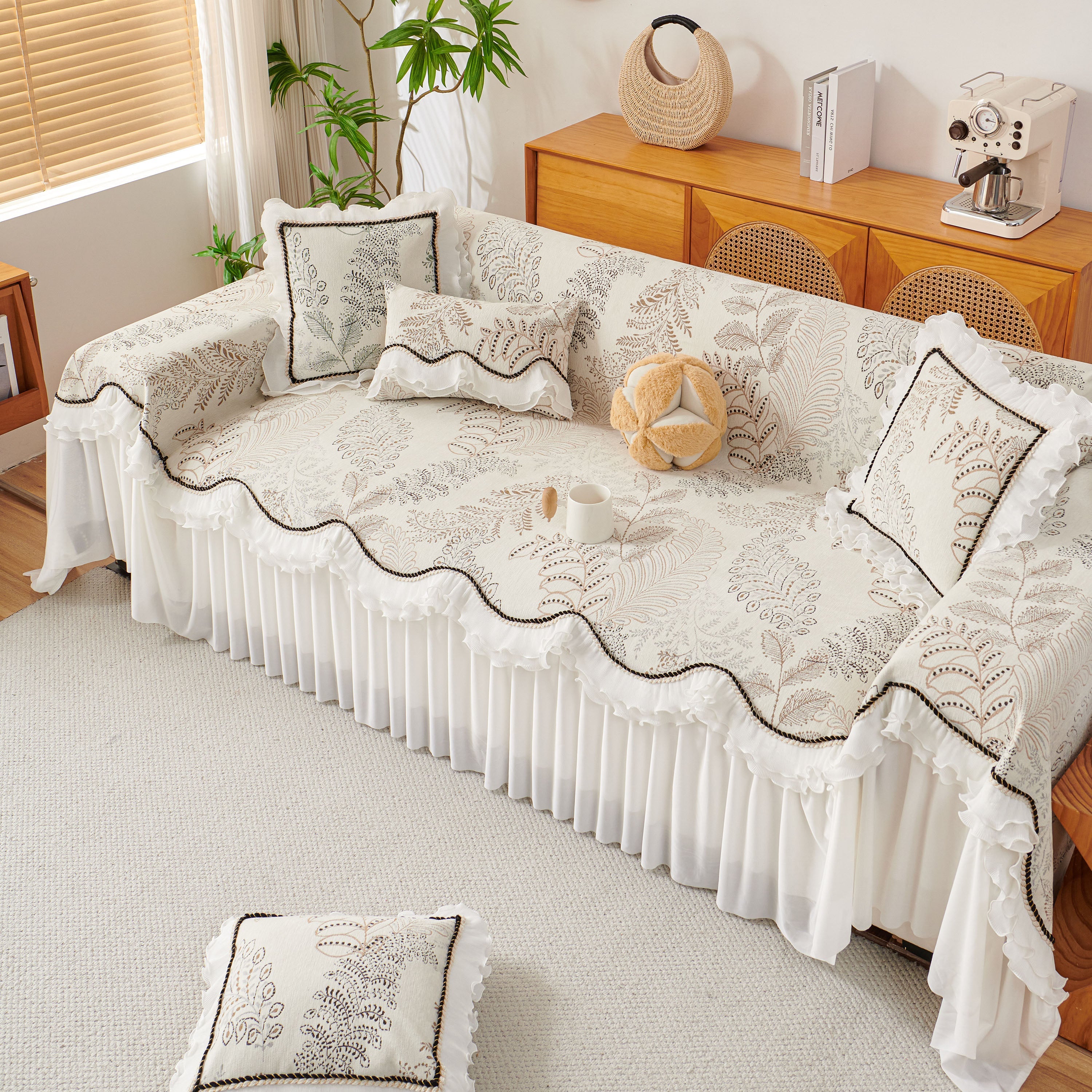 Farmhouse Ruffled Lace Sofa Slipcover Vintage Furniture Protector With Botanical Print