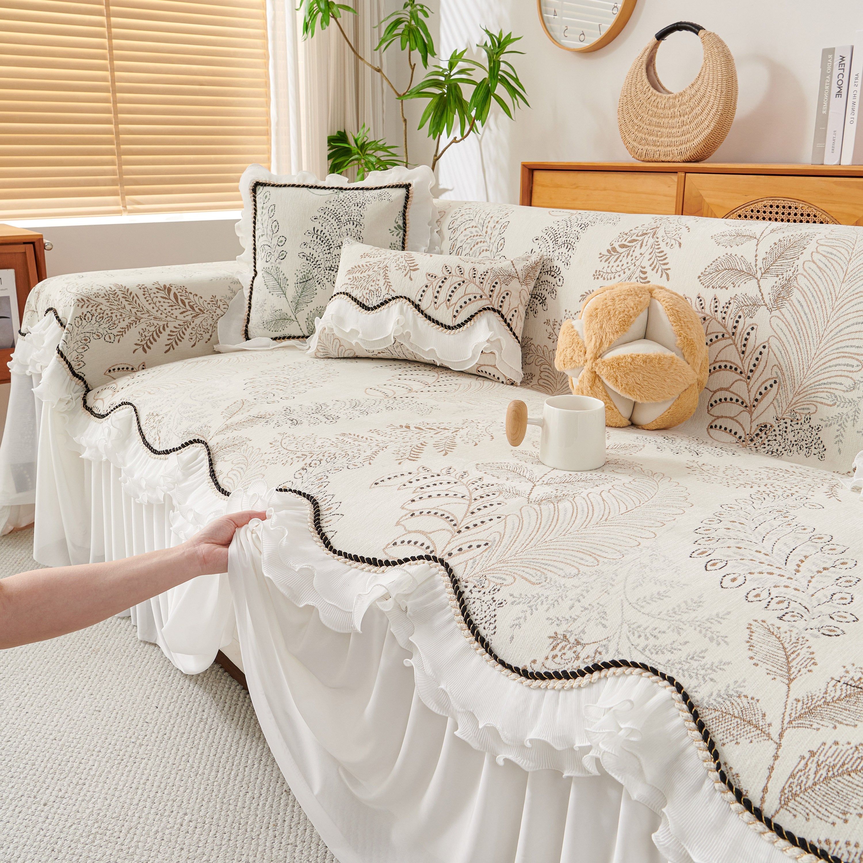 Farmhouse Ruffled Lace Sofa Slipcover Vintage Furniture Protector With Botanical Print