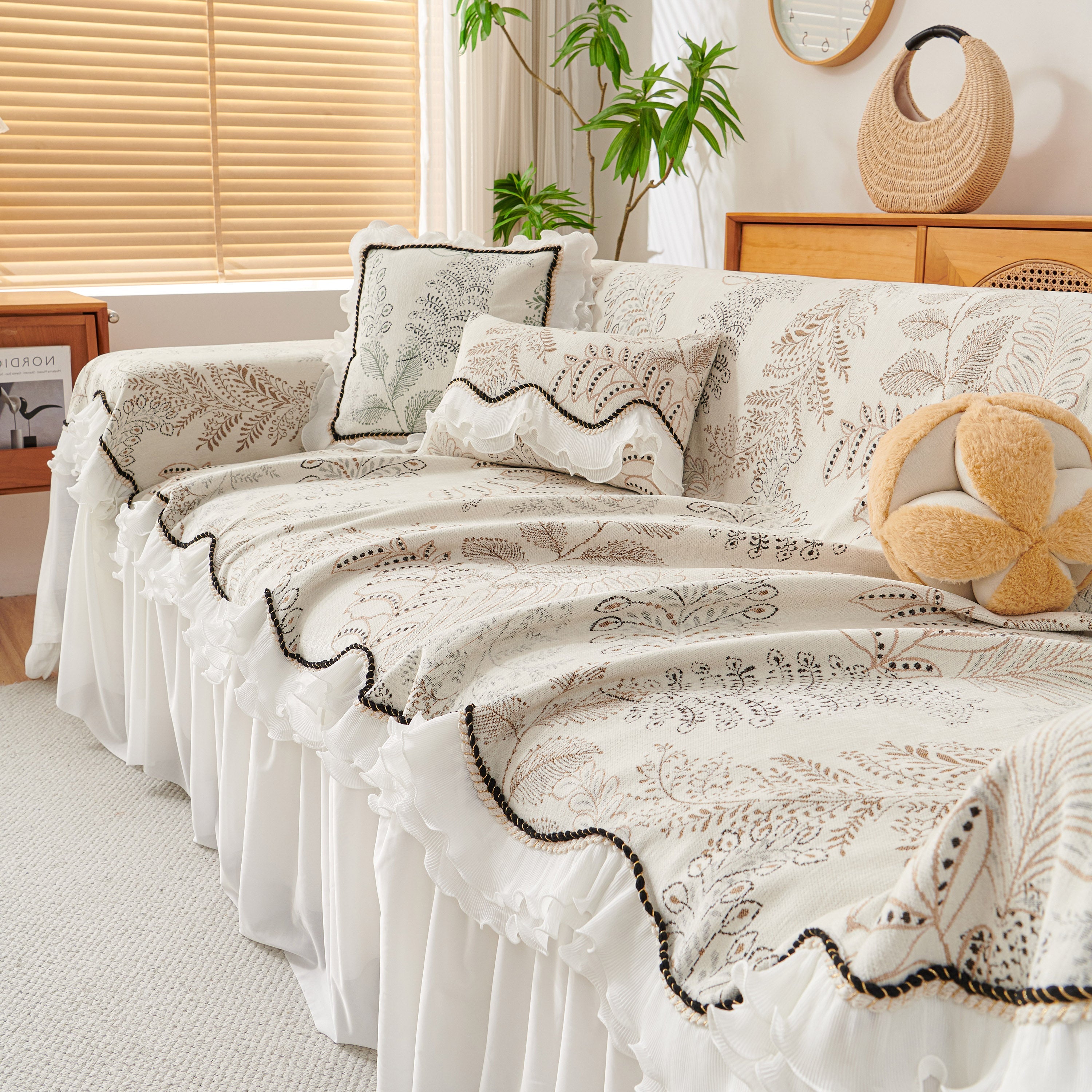 Farmhouse Ruffled Lace Sofa Slipcover Vintage Furniture Protector With Botanical Print