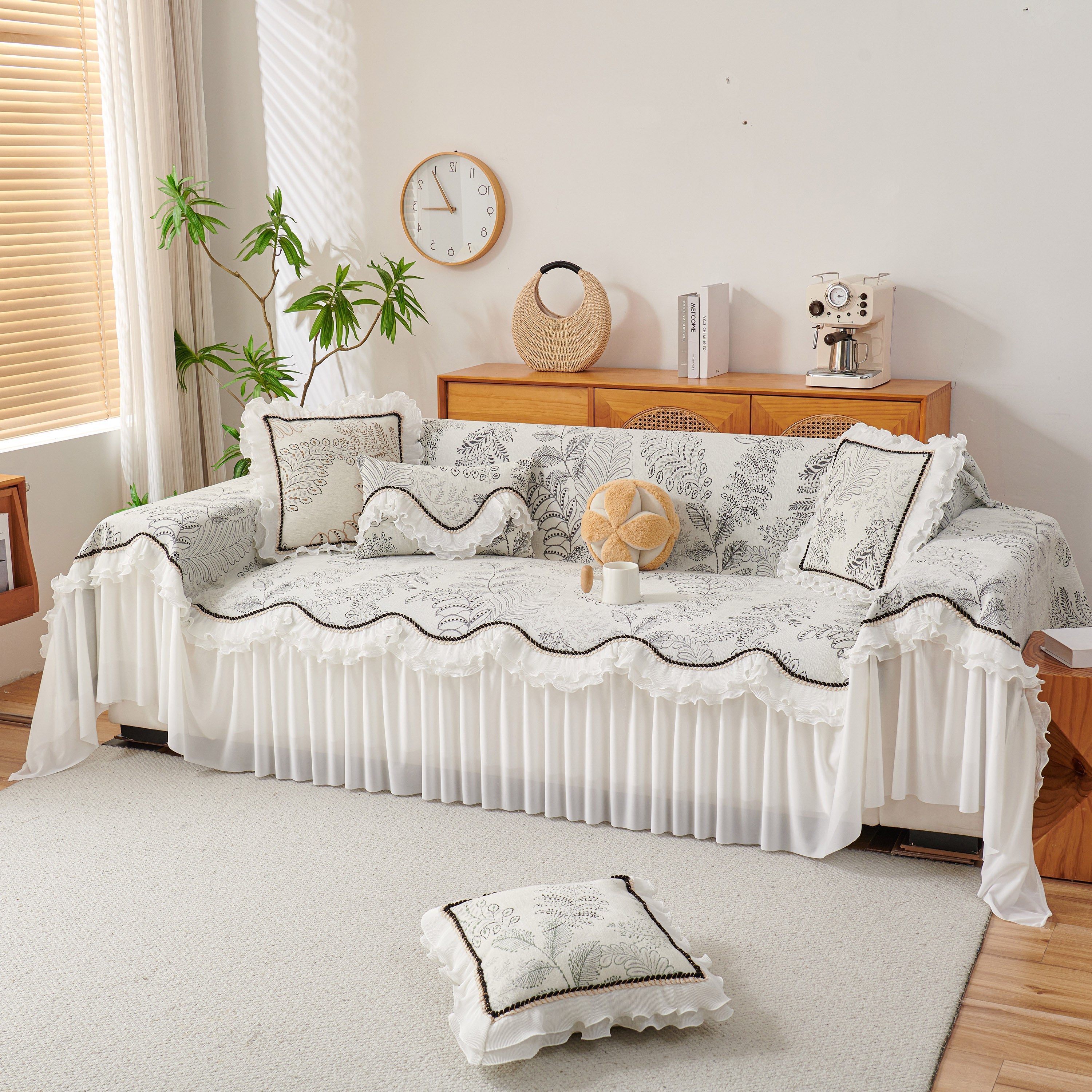 Farmhouse Ruffled Lace Sofa Slipcover Vintage Furniture Protector With Botanical Print