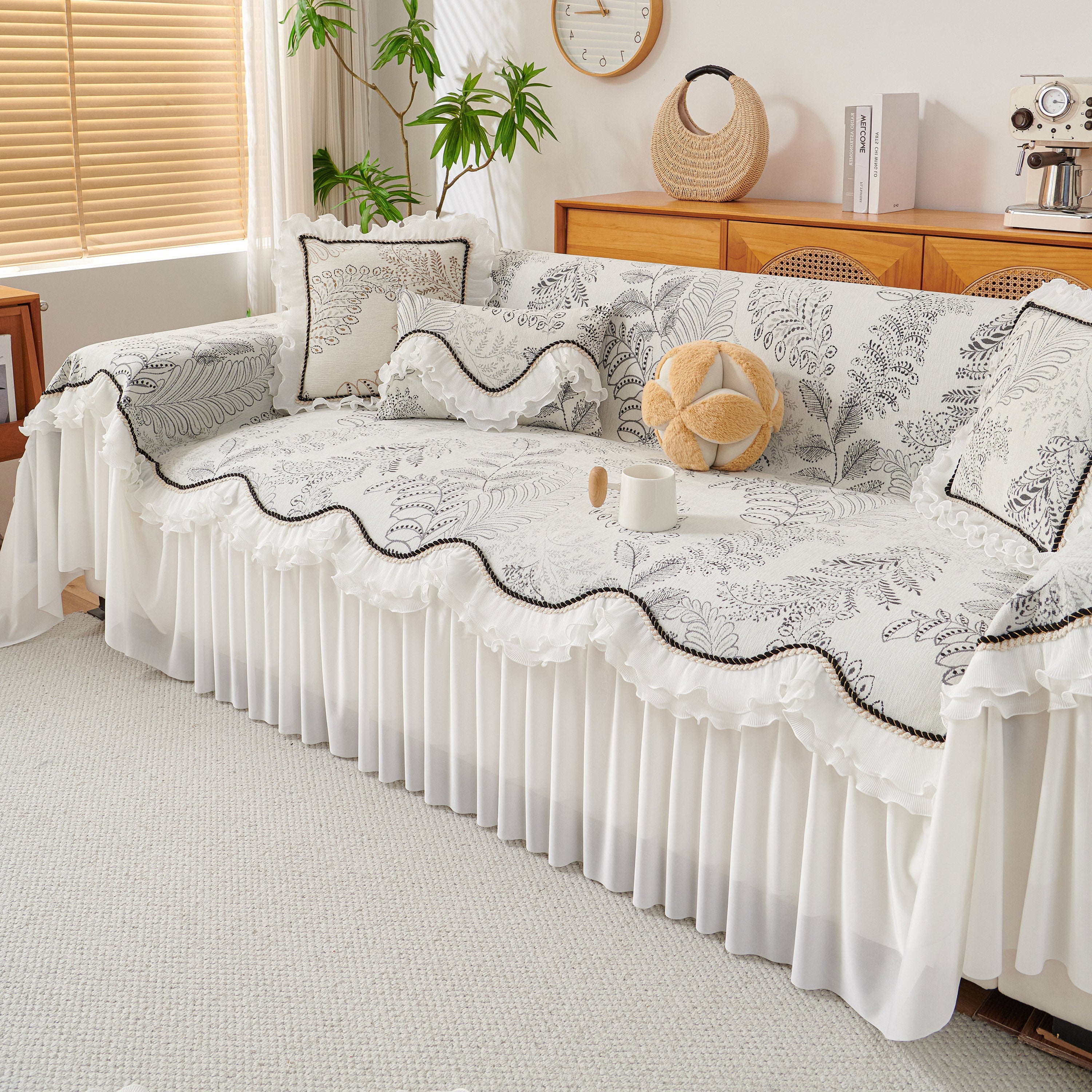 Farmhouse Ruffled Lace Sofa Slipcover Vintage Furniture Protector With Botanical Print