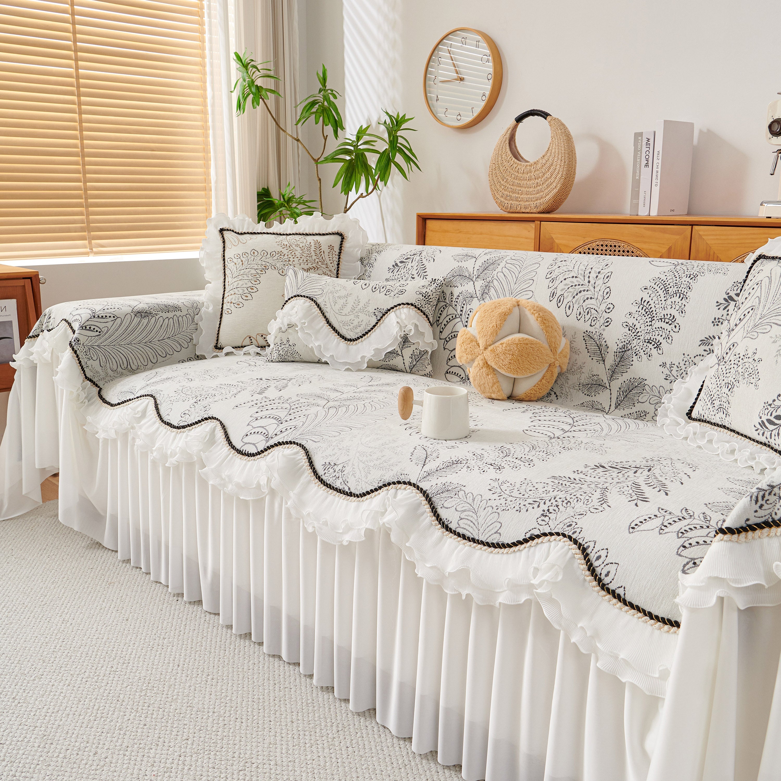 Farmhouse Ruffled Lace Sofa Slipcover Vintage Furniture Protector With Botanical Print