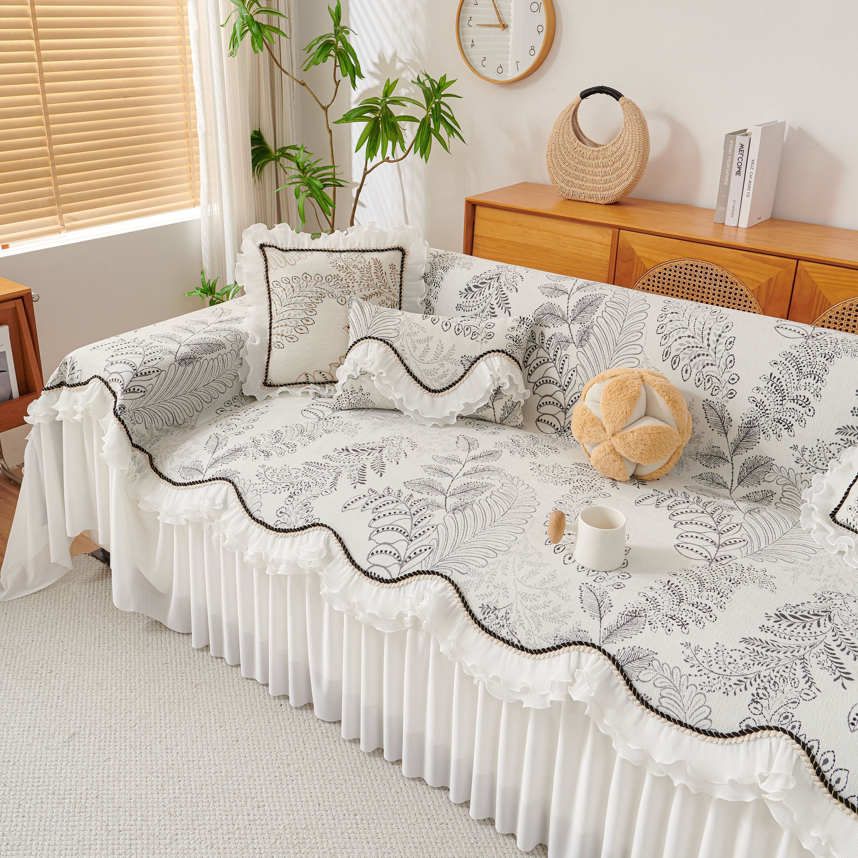 Farmhouse Ruffled Lace Sofa Slipcover Vintage Furniture Protector With Botanical Print