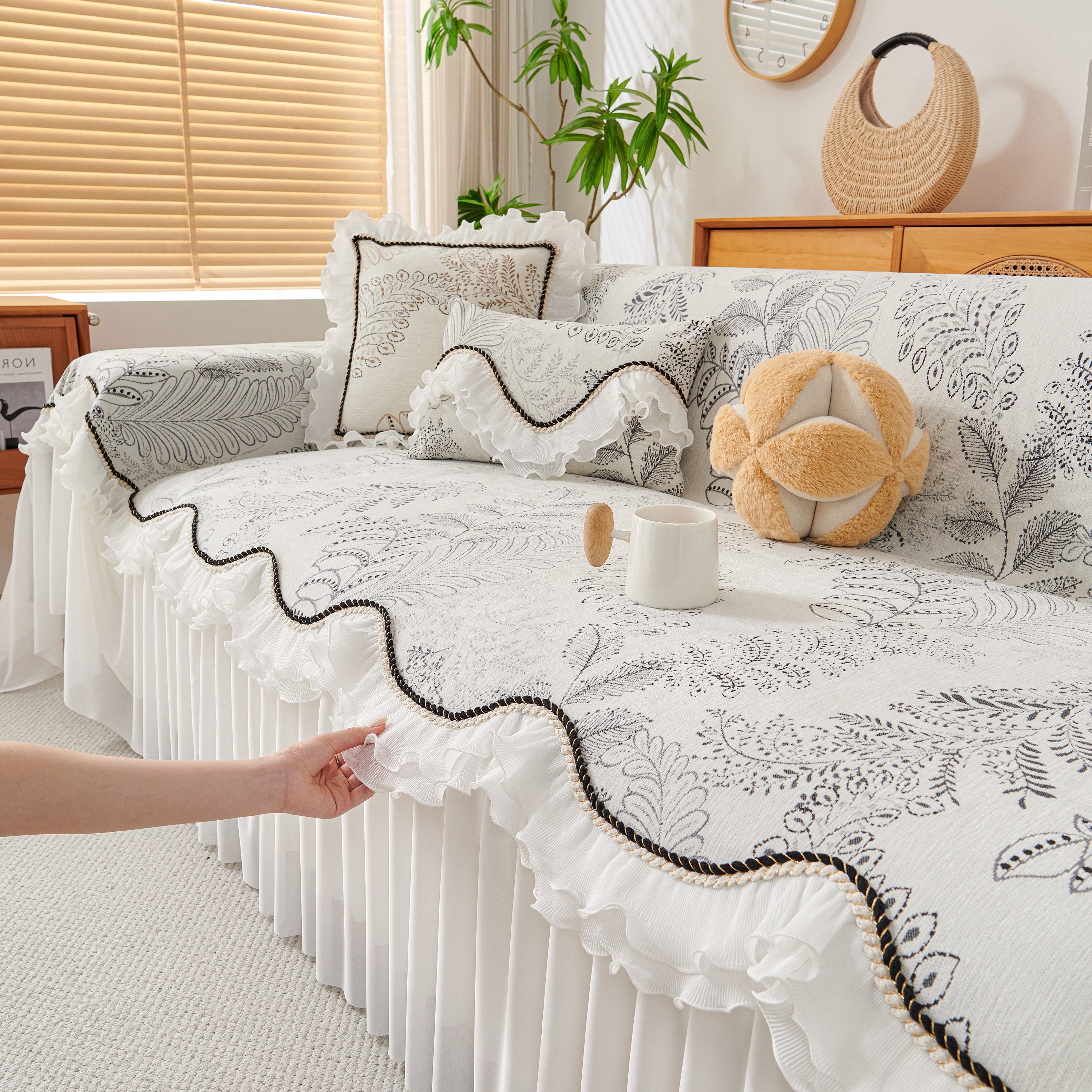 Farmhouse Ruffled Lace Sofa Slipcover Vintage Furniture Protector With Botanical Print