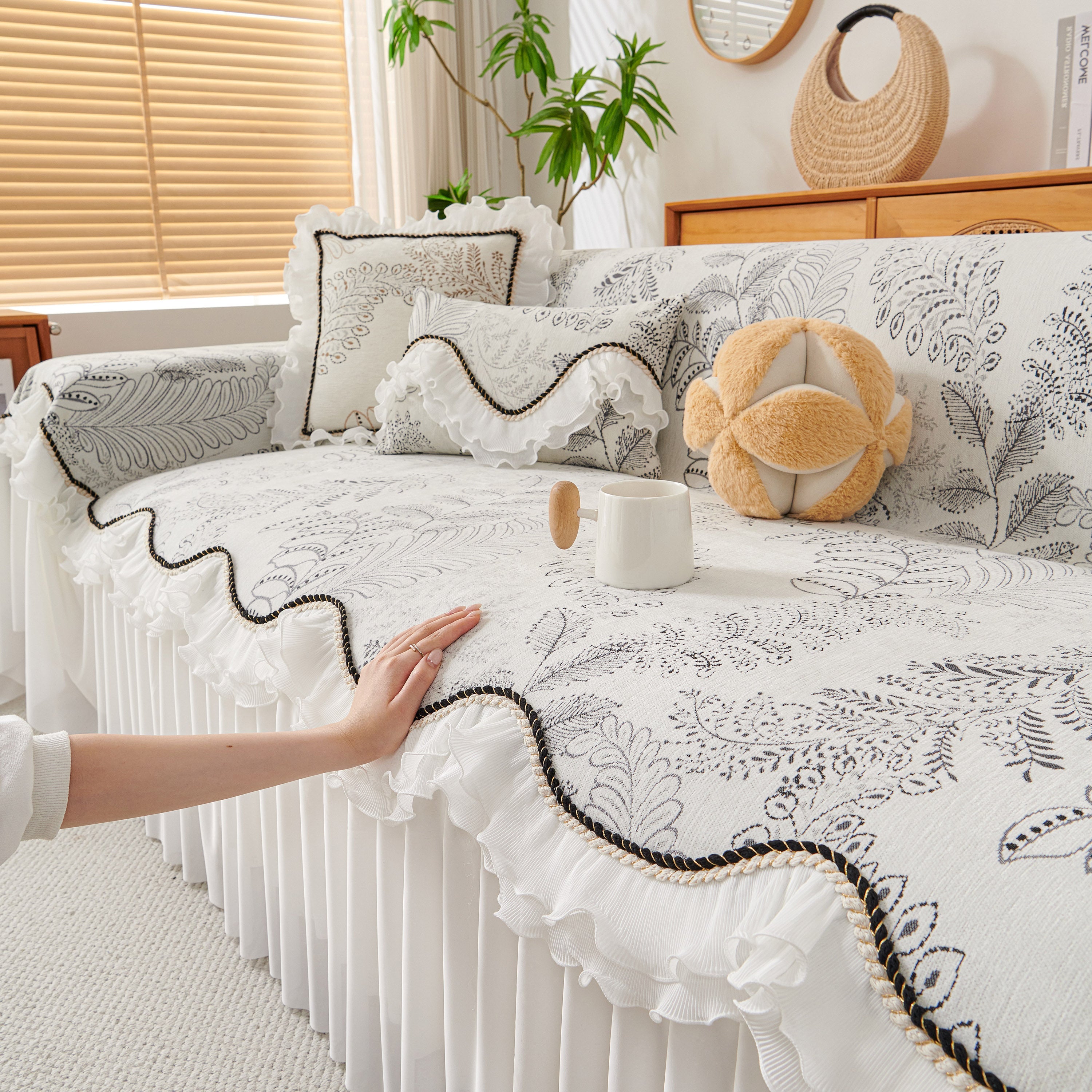Farmhouse Ruffled Lace Sofa Slipcover Vintage Furniture Protector With Botanical Print