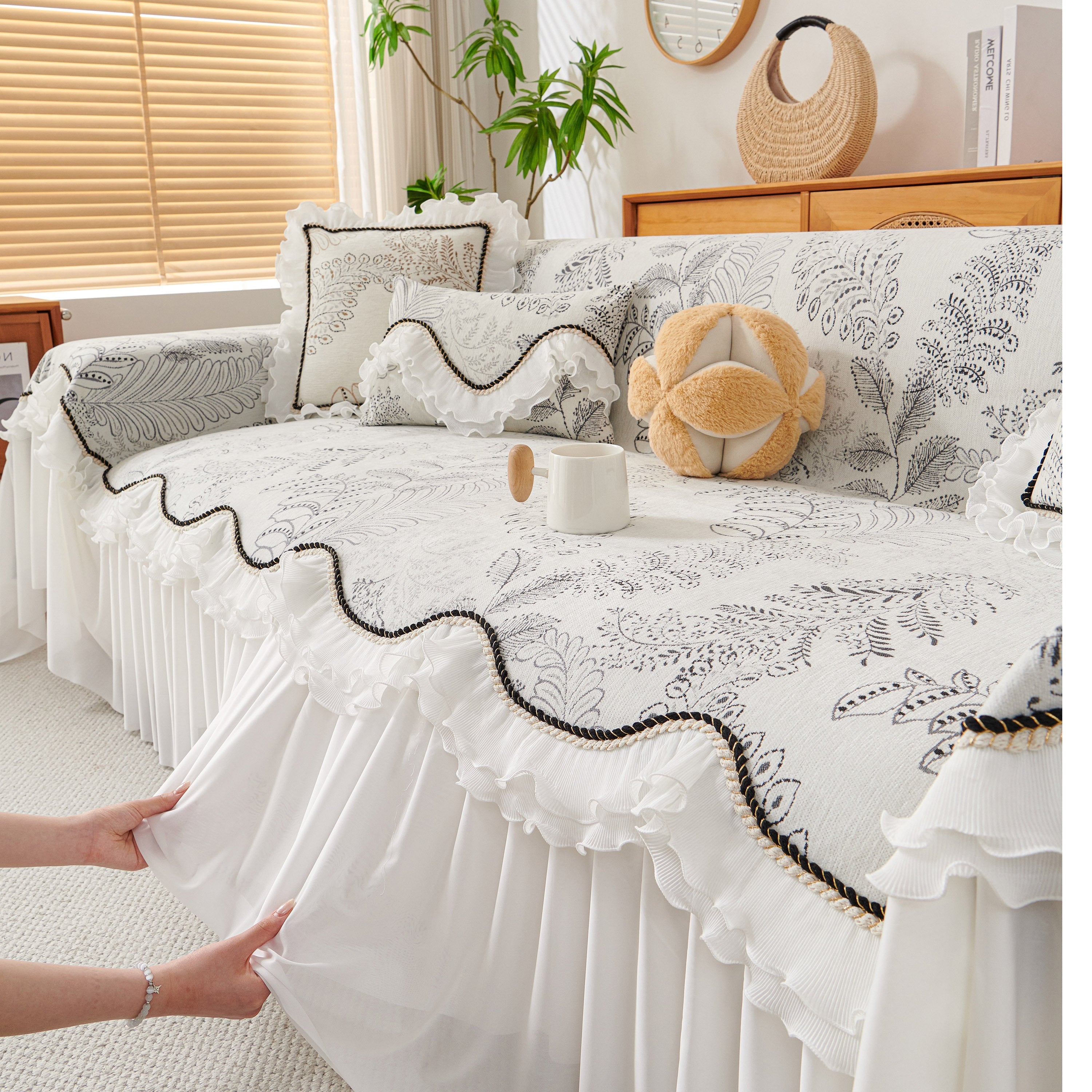 Farmhouse Ruffled Lace Sofa Slipcover Vintage Furniture Protector With Botanical Print