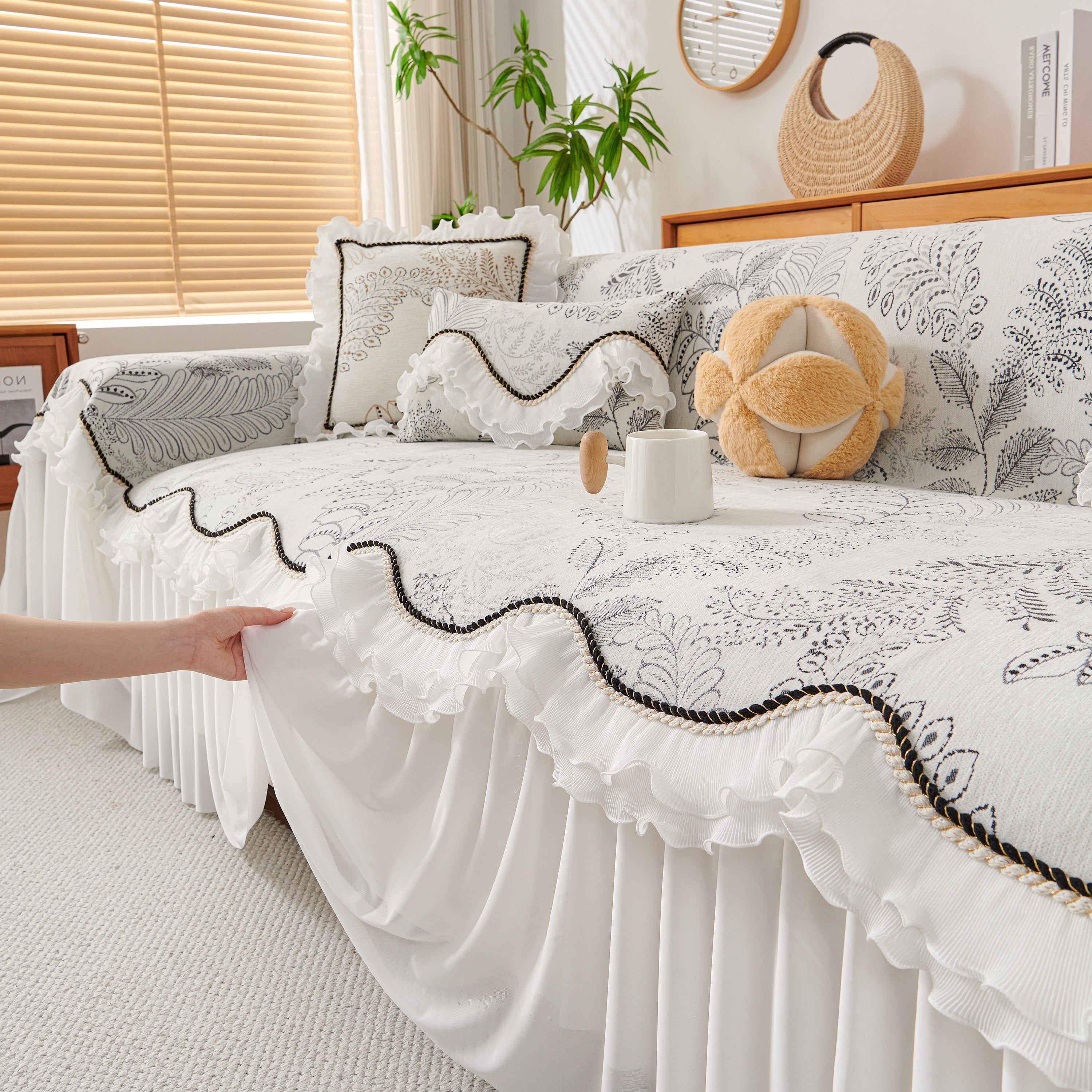 Farmhouse Ruffled Lace Sofa Slipcover Vintage Furniture Protector With Botanical Print