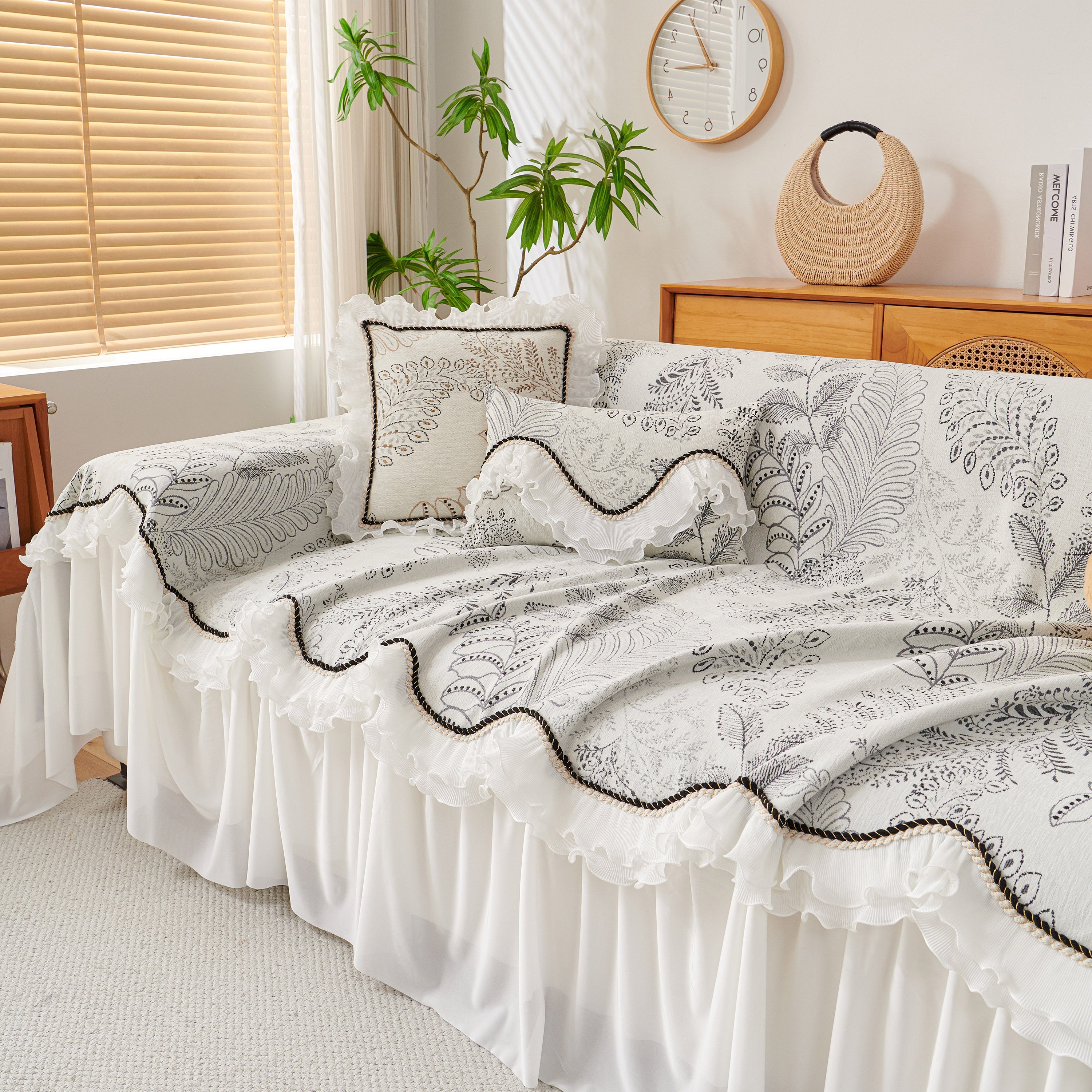Farmhouse Ruffled Lace Sofa Slipcover Vintage Furniture Protector With Botanical Print