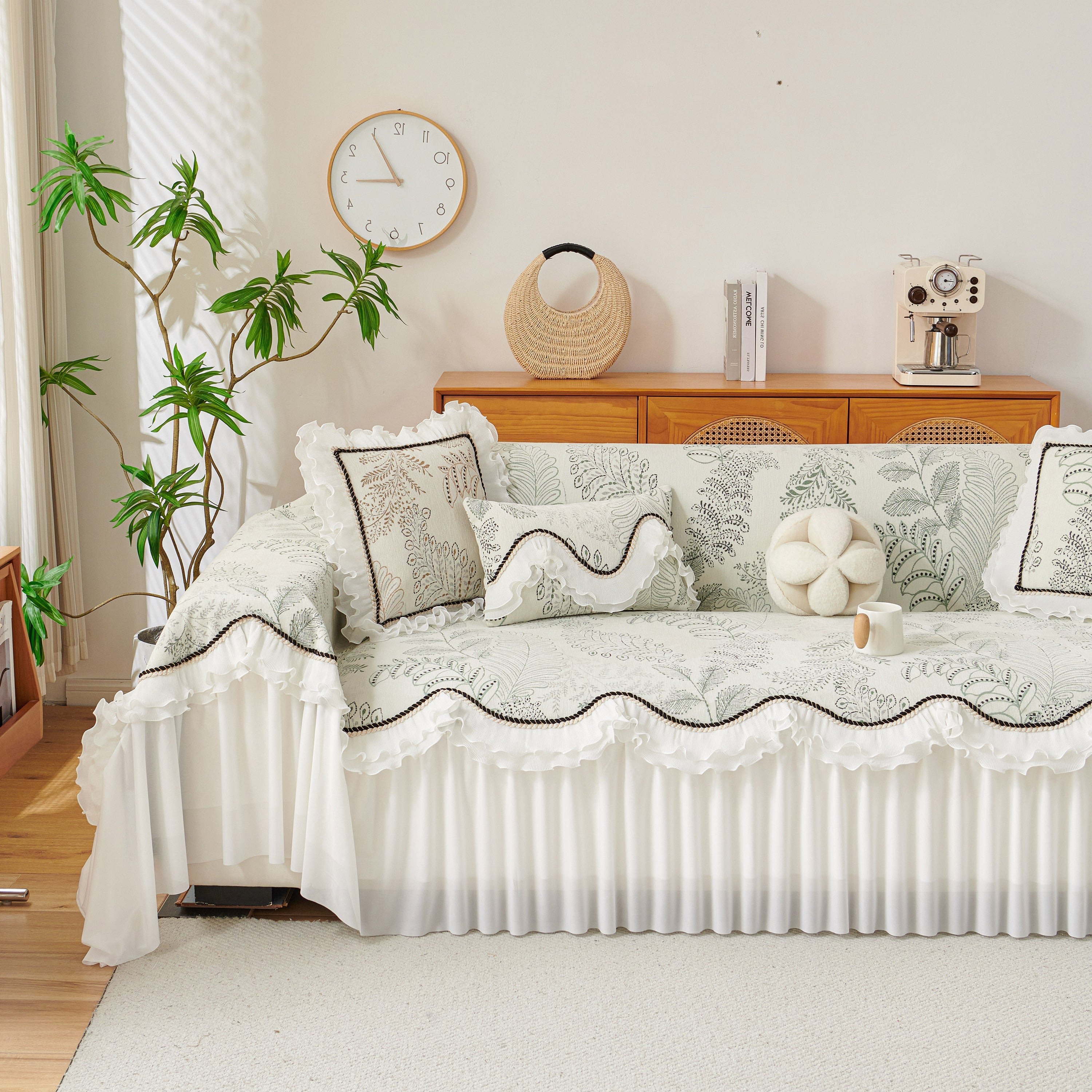 Farmhouse Ruffled Lace Sofa Slipcover Vintage Furniture Protector With Botanical Print