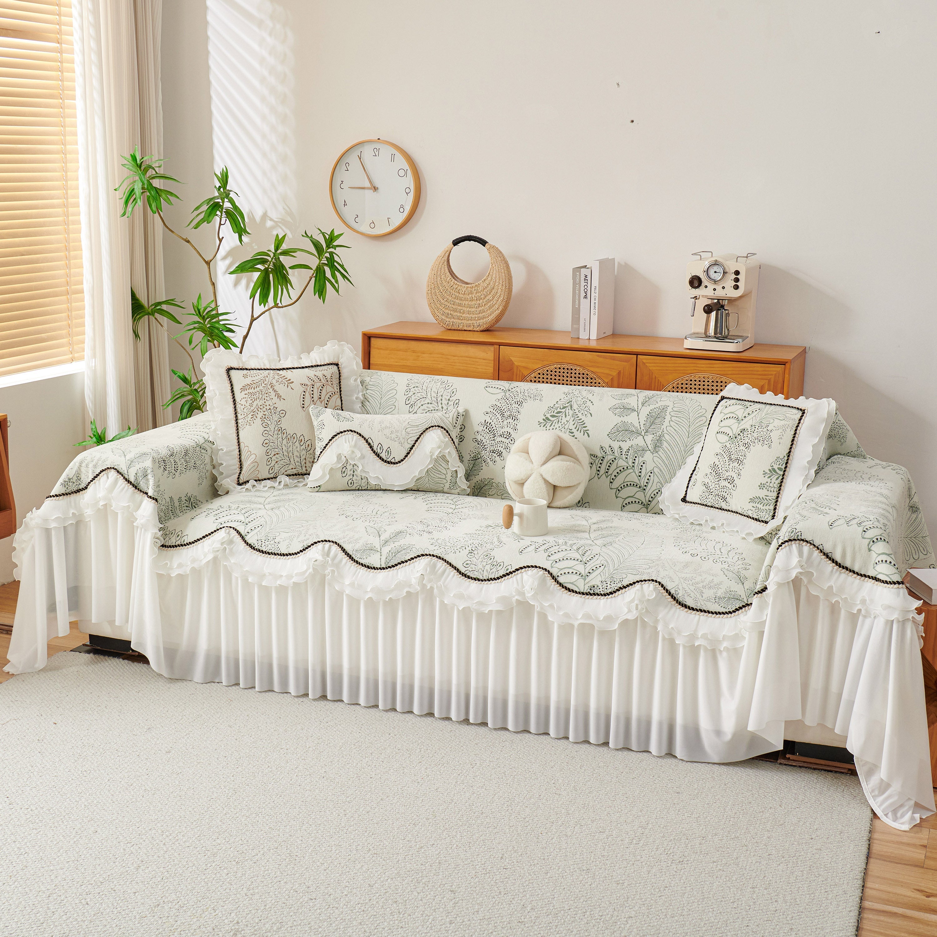 Farmhouse Ruffled Lace Sofa Slipcover Vintage Furniture Protector With Botanical Print