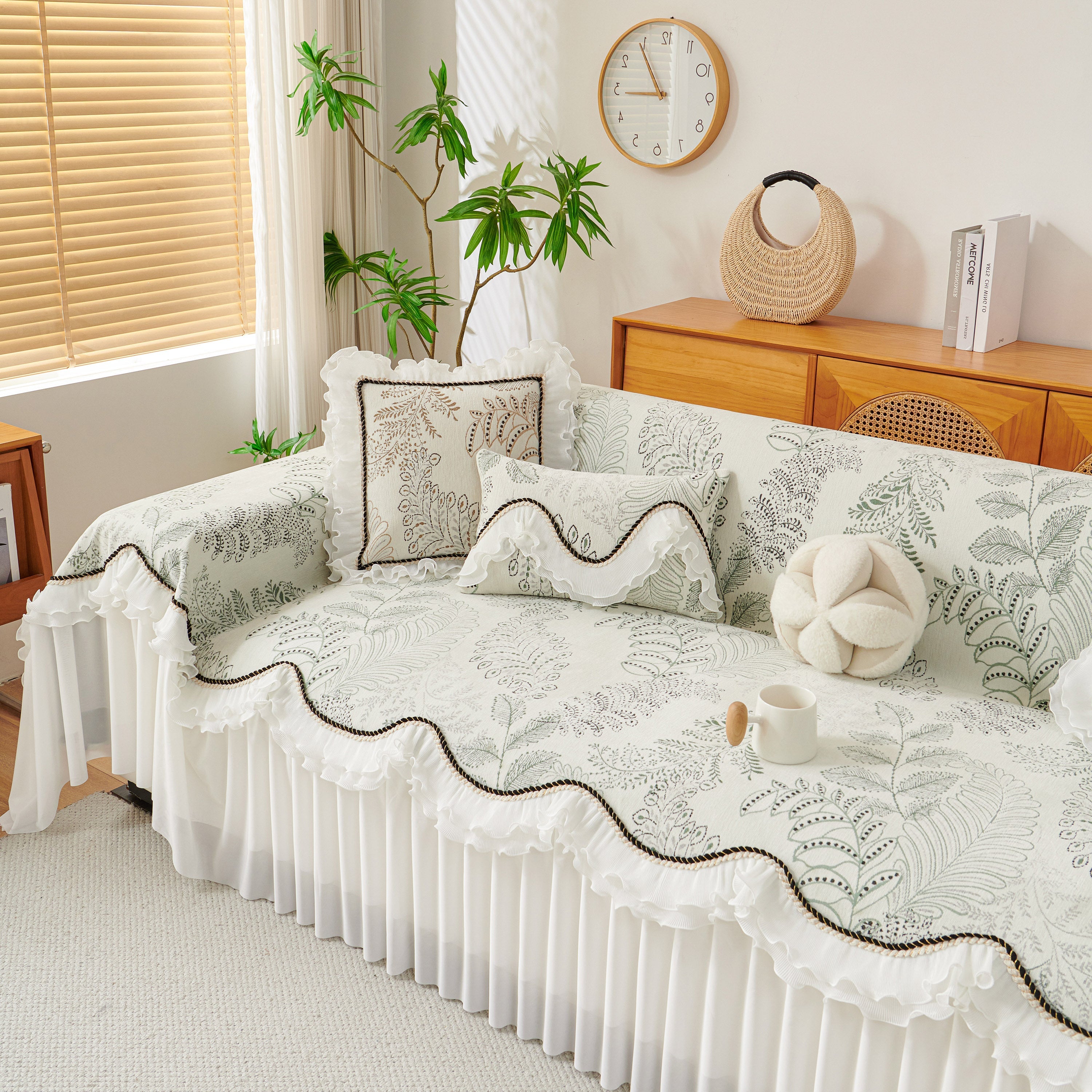 Farmhouse Ruffled Lace Sofa Slipcover Vintage Furniture Protector With Botanical Print