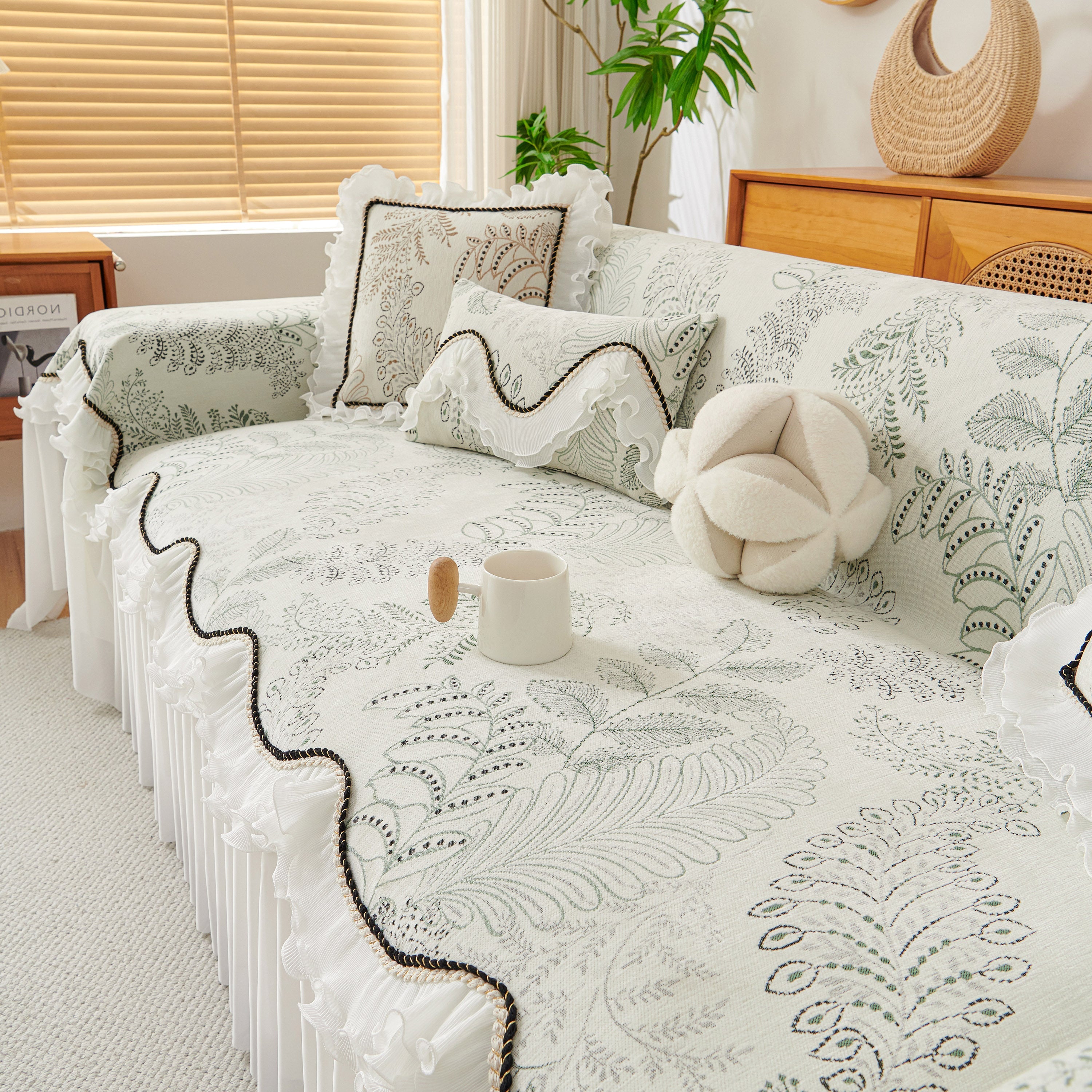 Farmhouse Ruffled Lace Sofa Slipcover Vintage Furniture Protector With Botanical Print