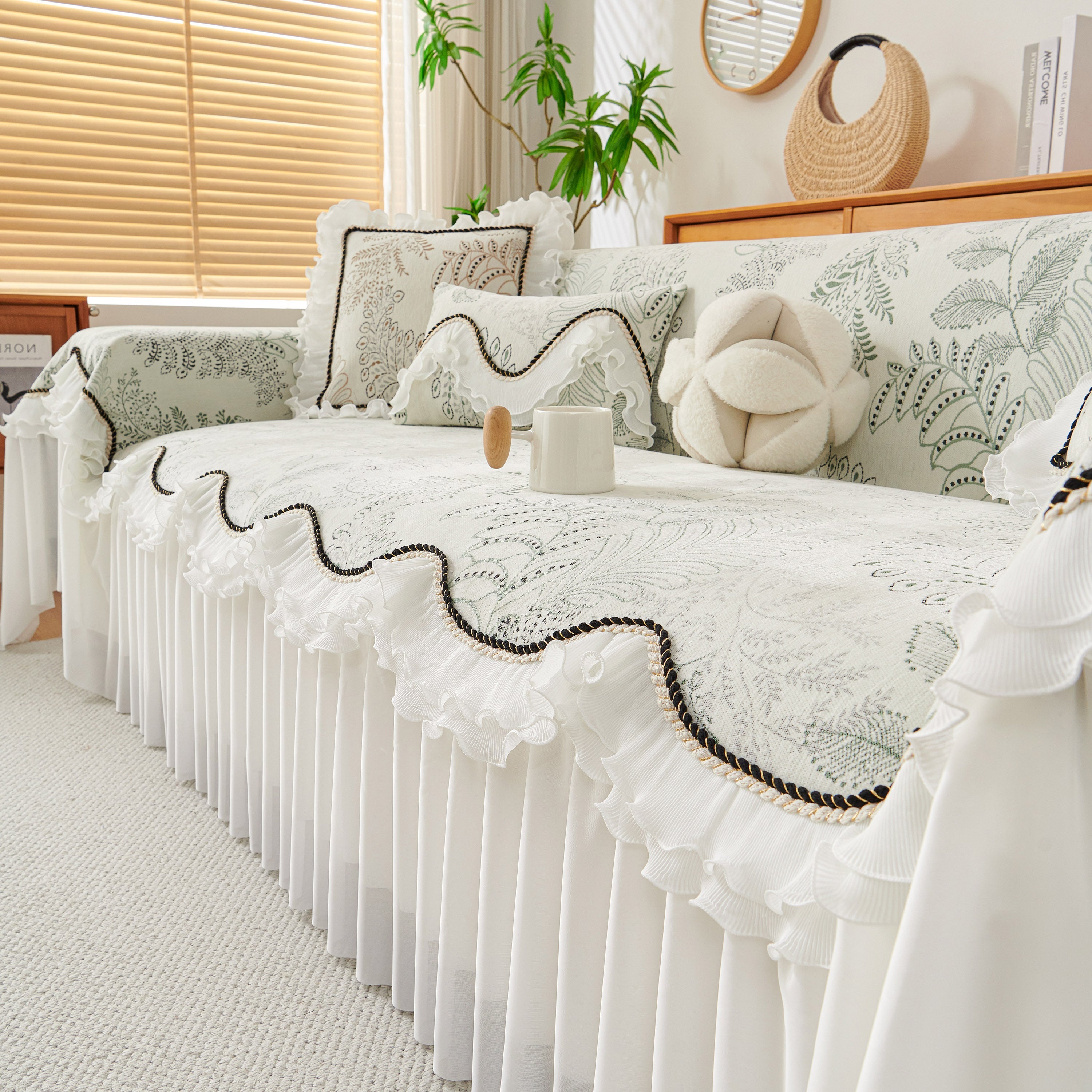 Farmhouse Ruffled Lace Sofa Slipcover Vintage Furniture Protector With Botanical Print