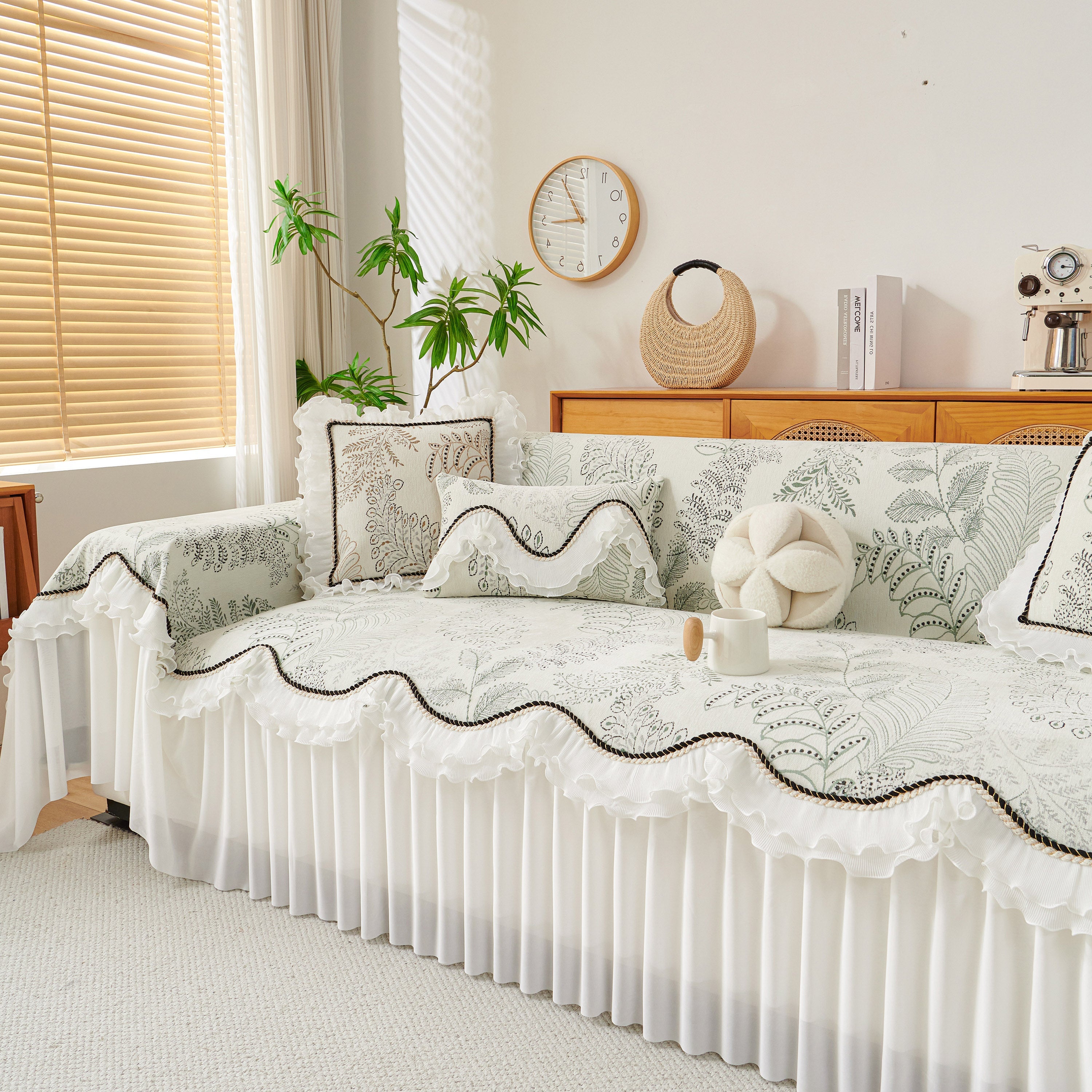 Farmhouse Ruffled Lace Sofa Slipcover Vintage Furniture Protector With Botanical Print
