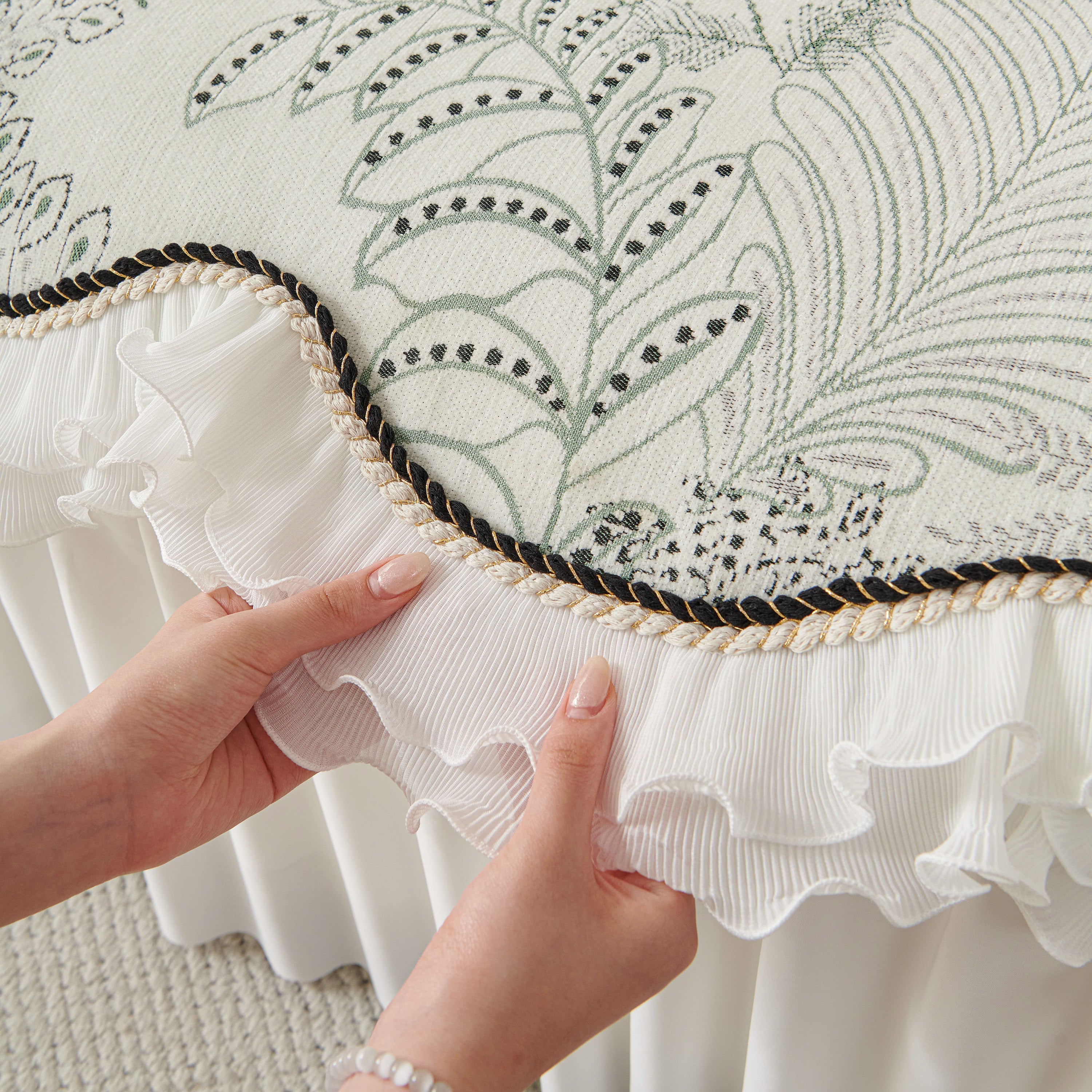Farmhouse Ruffled Lace Sofa Slipcover Vintage Furniture Protector With Botanical Print