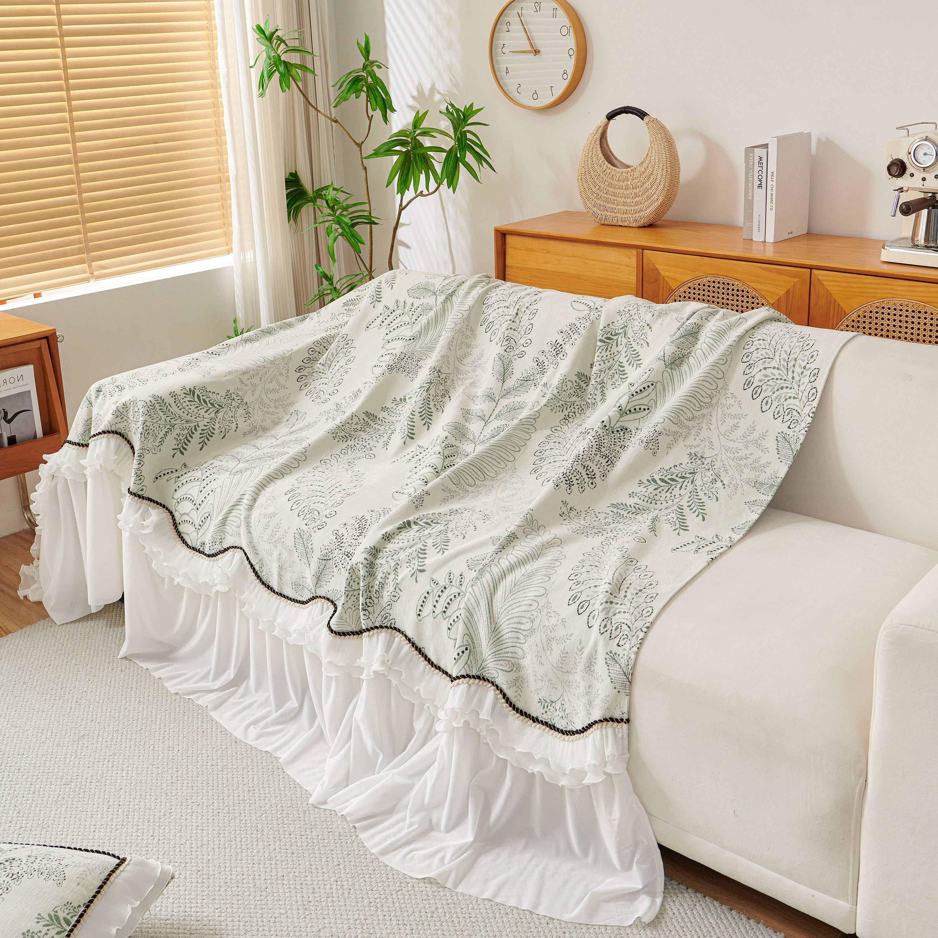 Farmhouse Ruffled Lace Sofa Slipcover Vintage Furniture Protector With Botanical Print