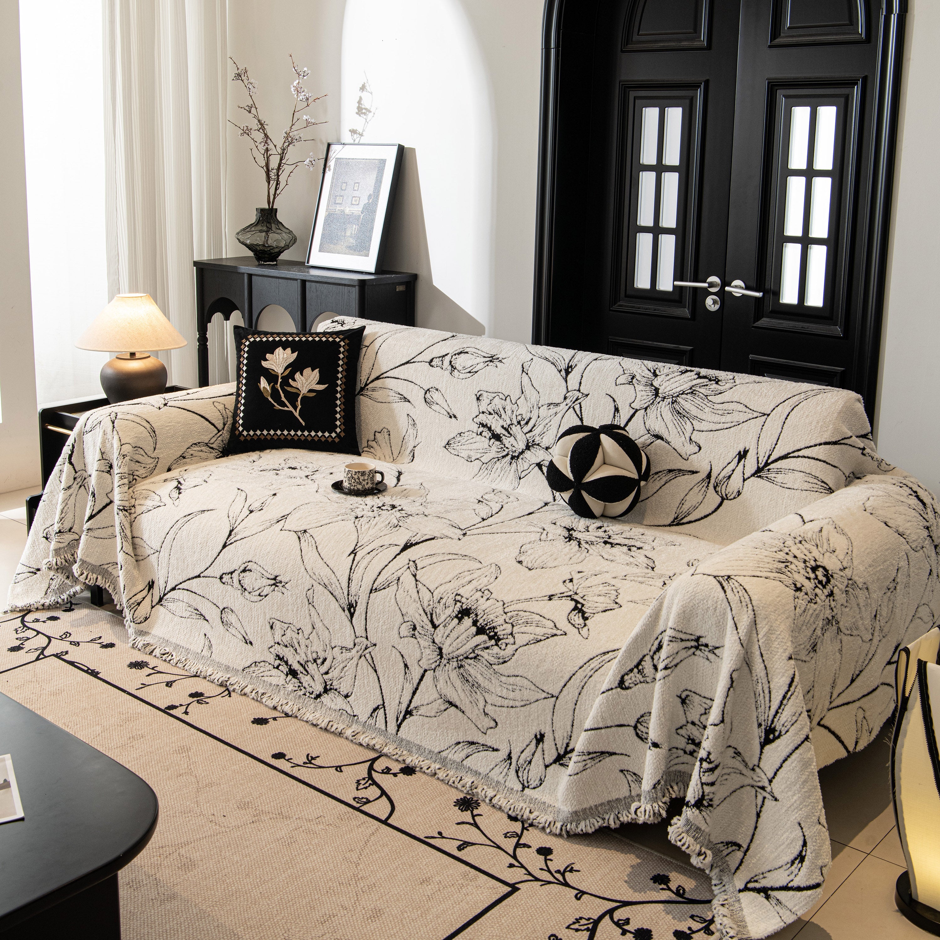 Large Floral Sofa Cover Throw Blanket, Plush Jacquard Non-shedding Couch Cover For Pets