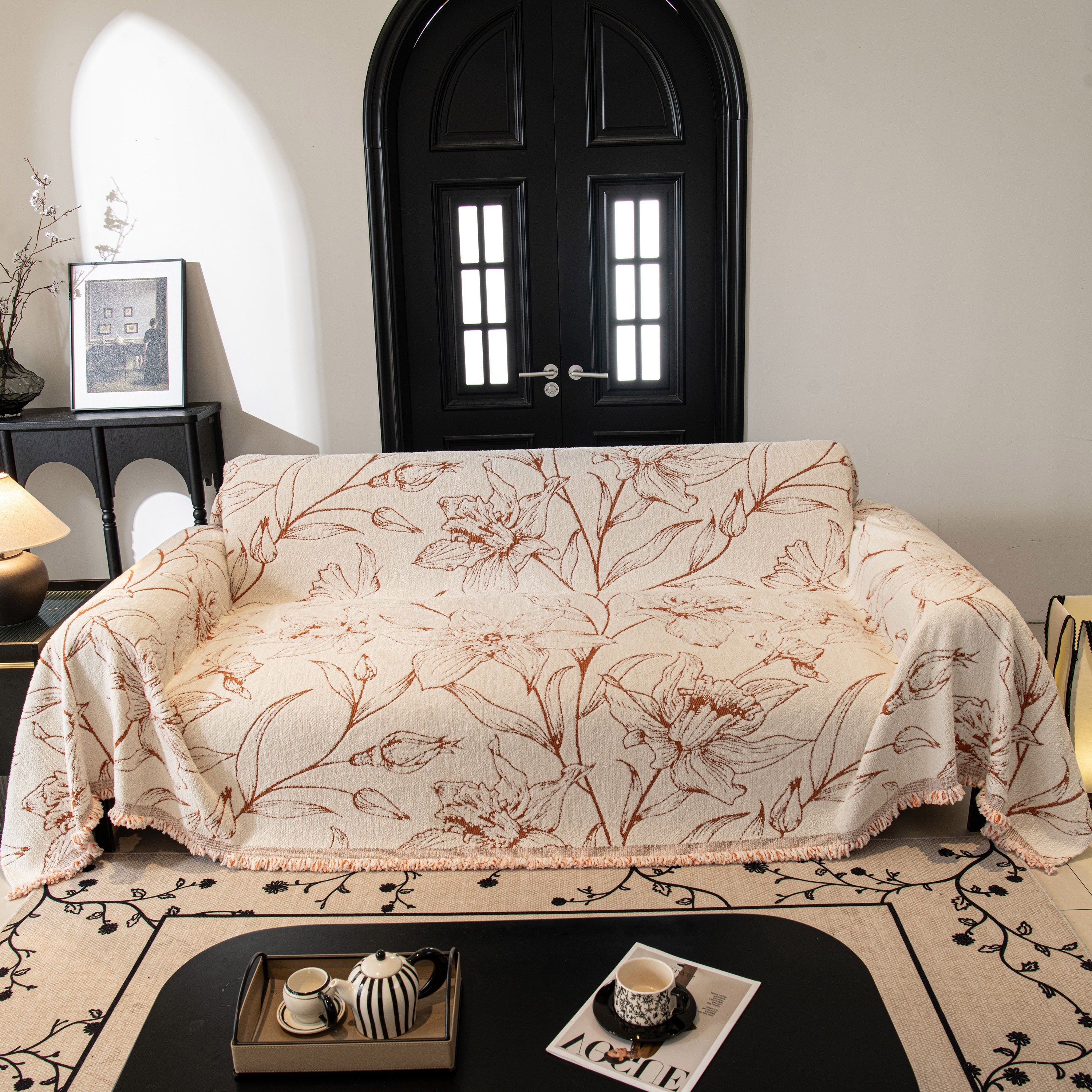 Large Floral Sofa Cover Throw Blanket, Plush Jacquard Non-shedding Couch Cover For Pets