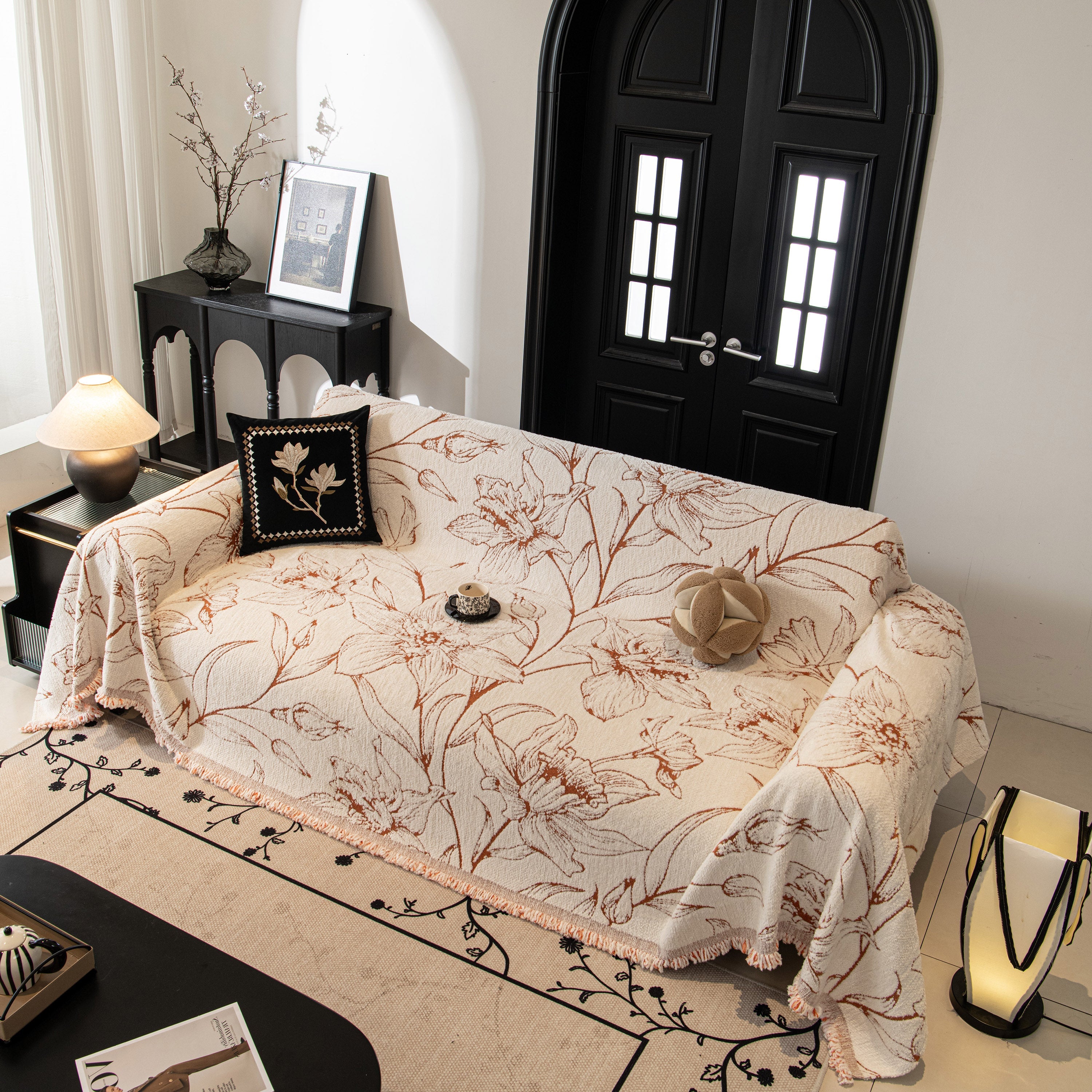 Large Floral Sofa Cover Throw Blanket, Plush Jacquard Non-shedding Couch Cover For Pets