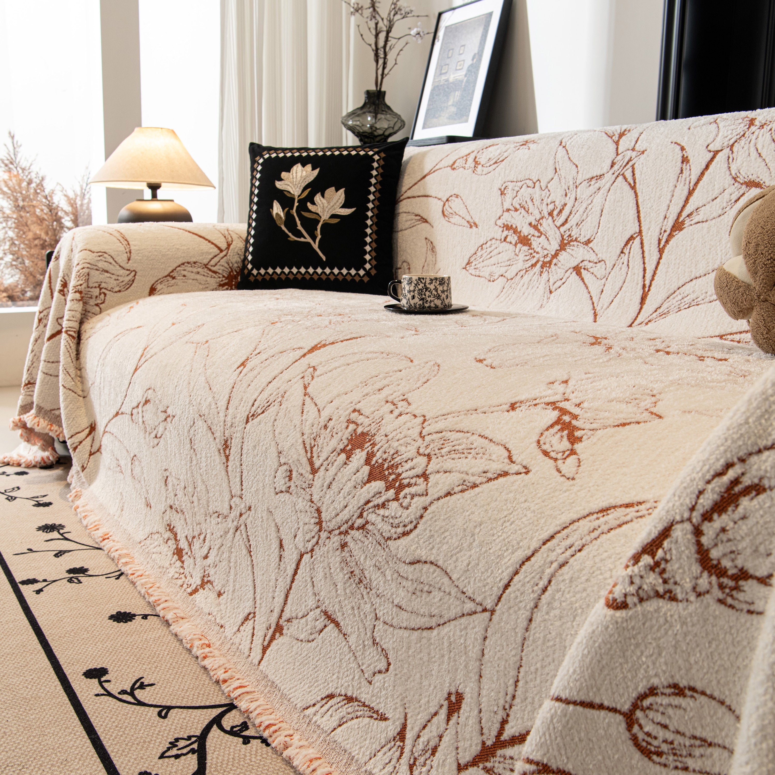 Large Floral Sofa Cover Throw Blanket, Plush Jacquard Non-shedding Couch Cover For Pets