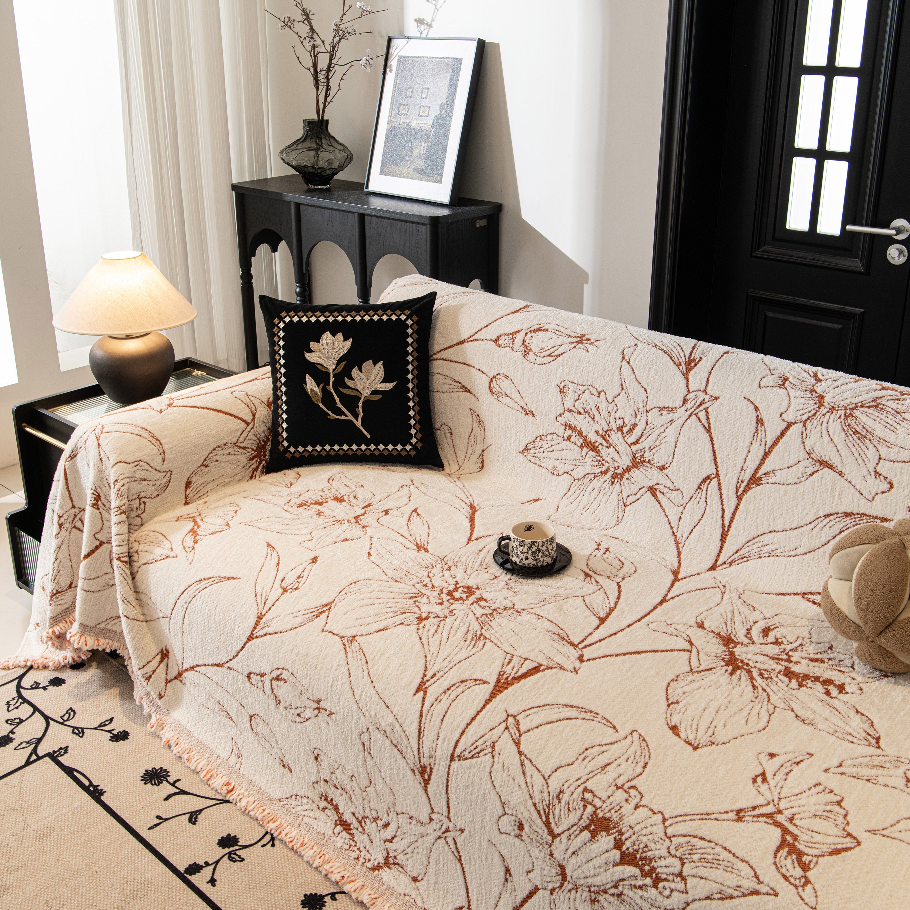 Large Floral Sofa Cover Throw Blanket, Plush Jacquard Non-shedding Couch Cover For Pets