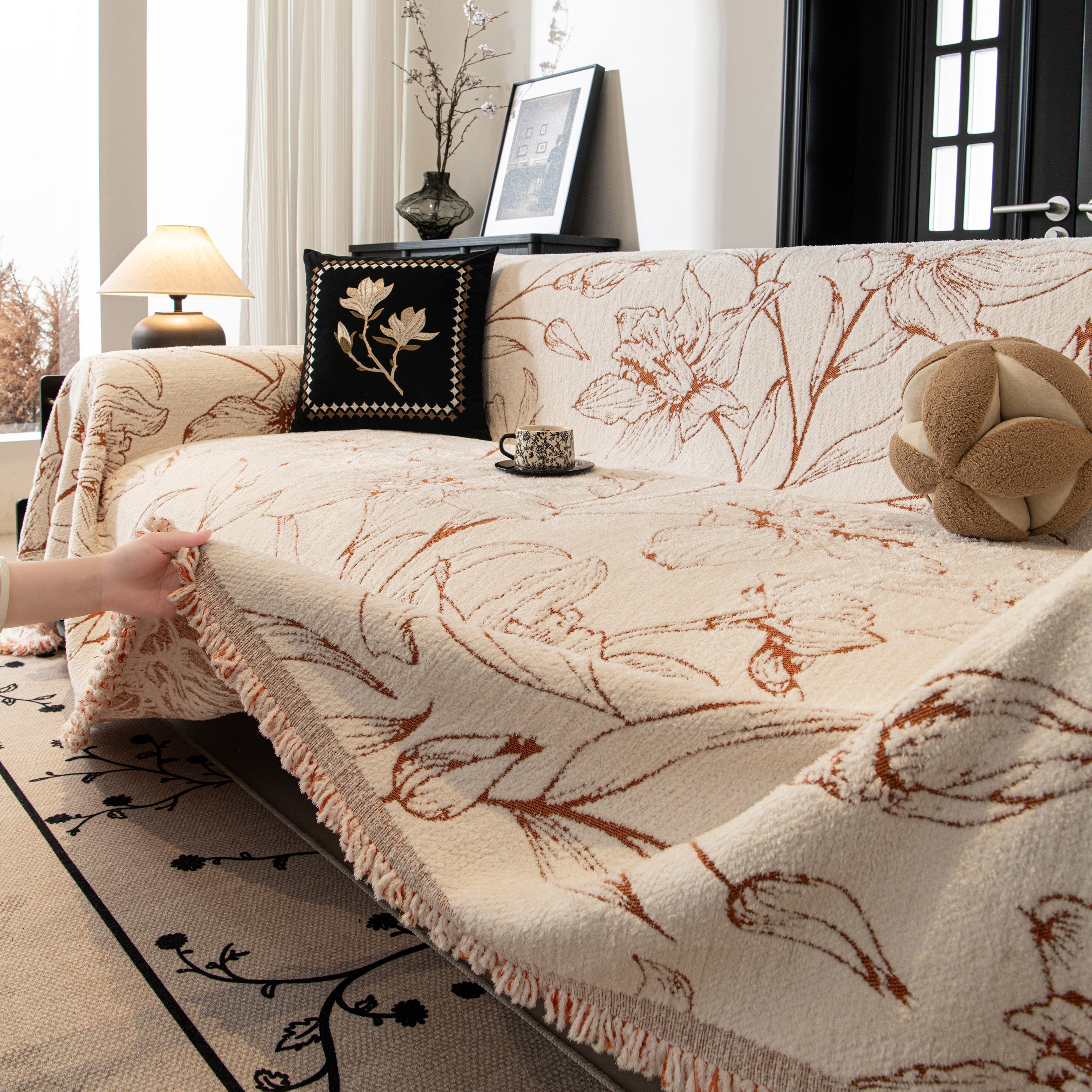 Large Floral Sofa Cover Throw Blanket, Plush Jacquard Non-shedding Couch Cover For Pets
