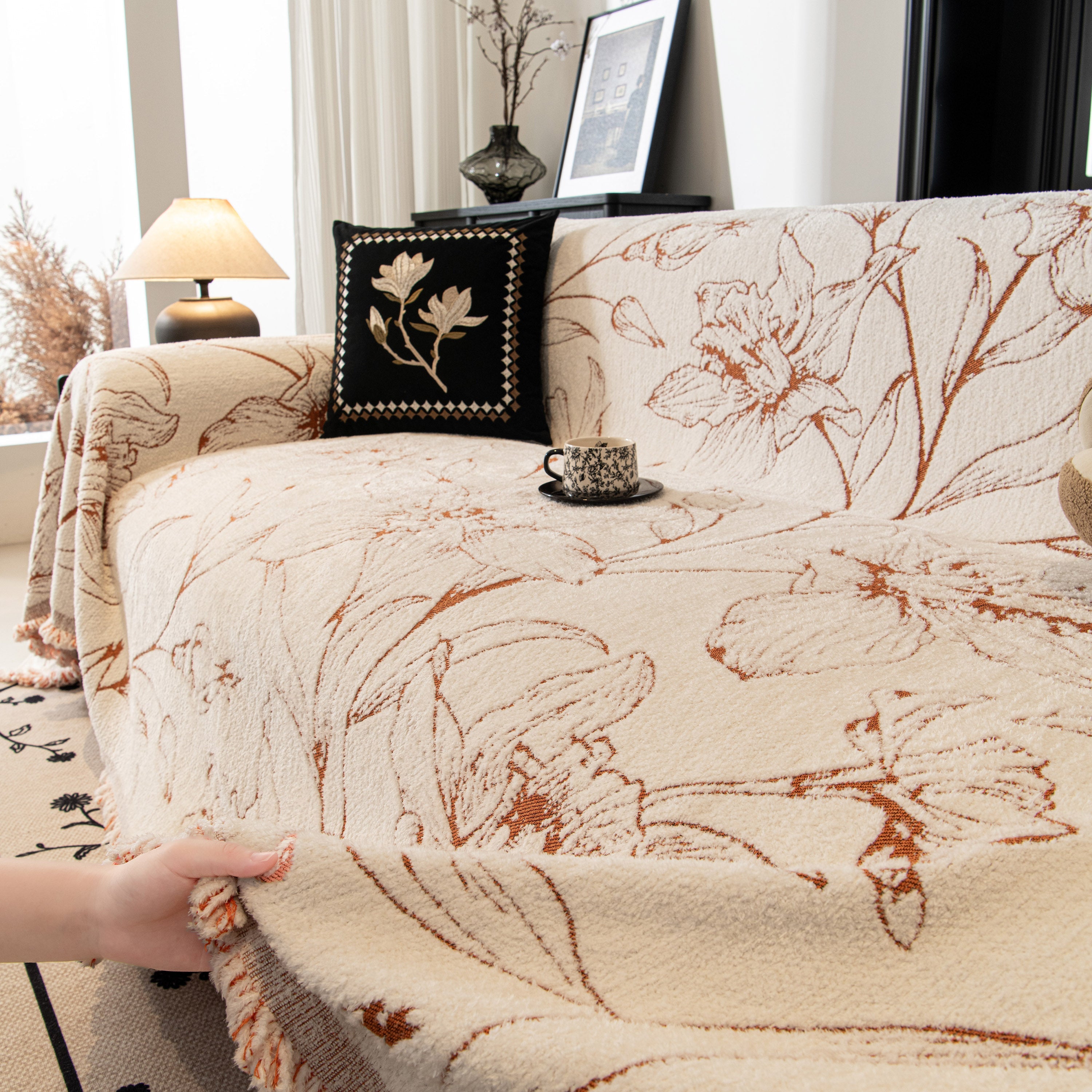 Large Floral Sofa Cover Throw Blanket, Plush Jacquard Non-shedding Couch Cover For Pets