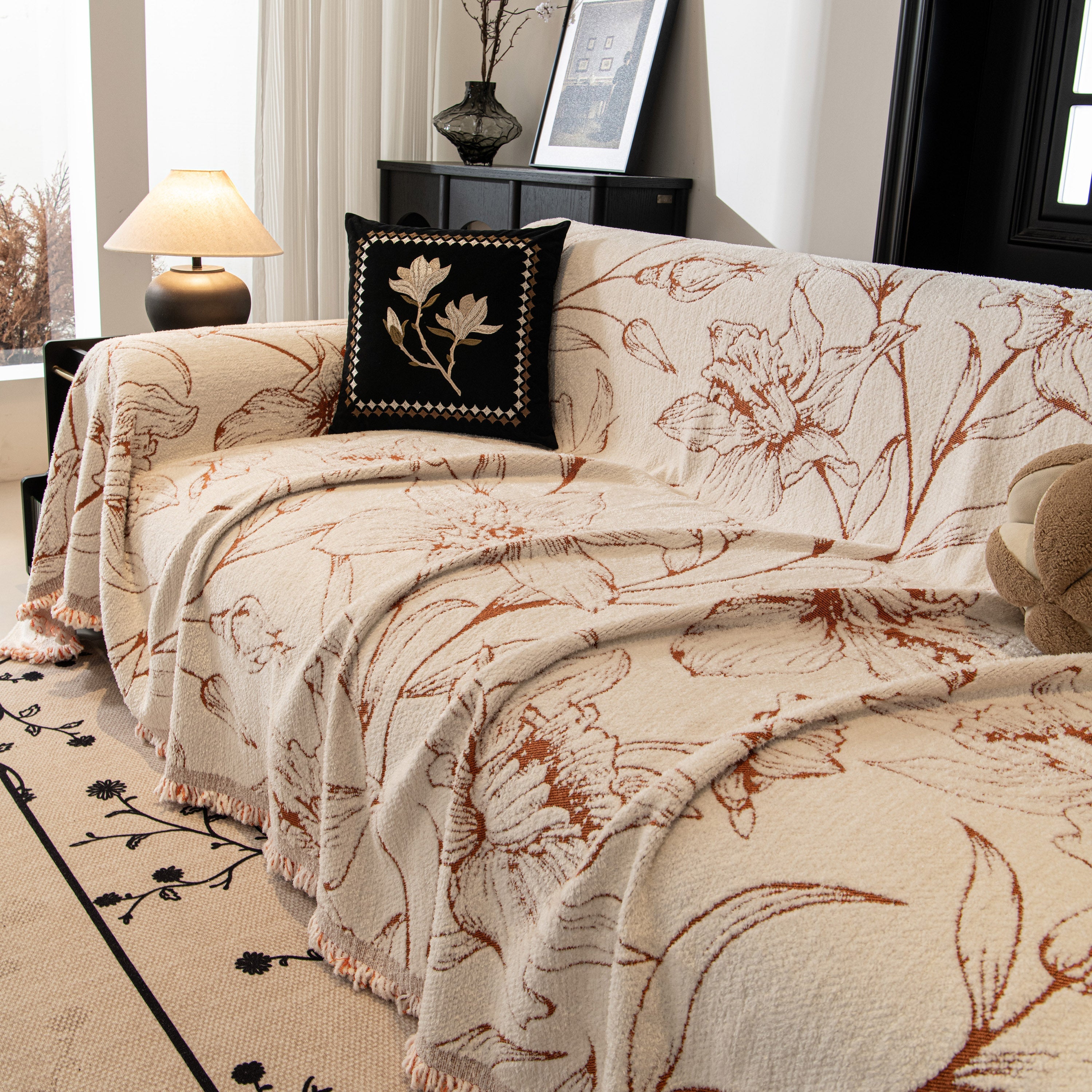 Large Floral Sofa Cover Throw Blanket, Plush Jacquard Non-shedding Couch Cover For Pets