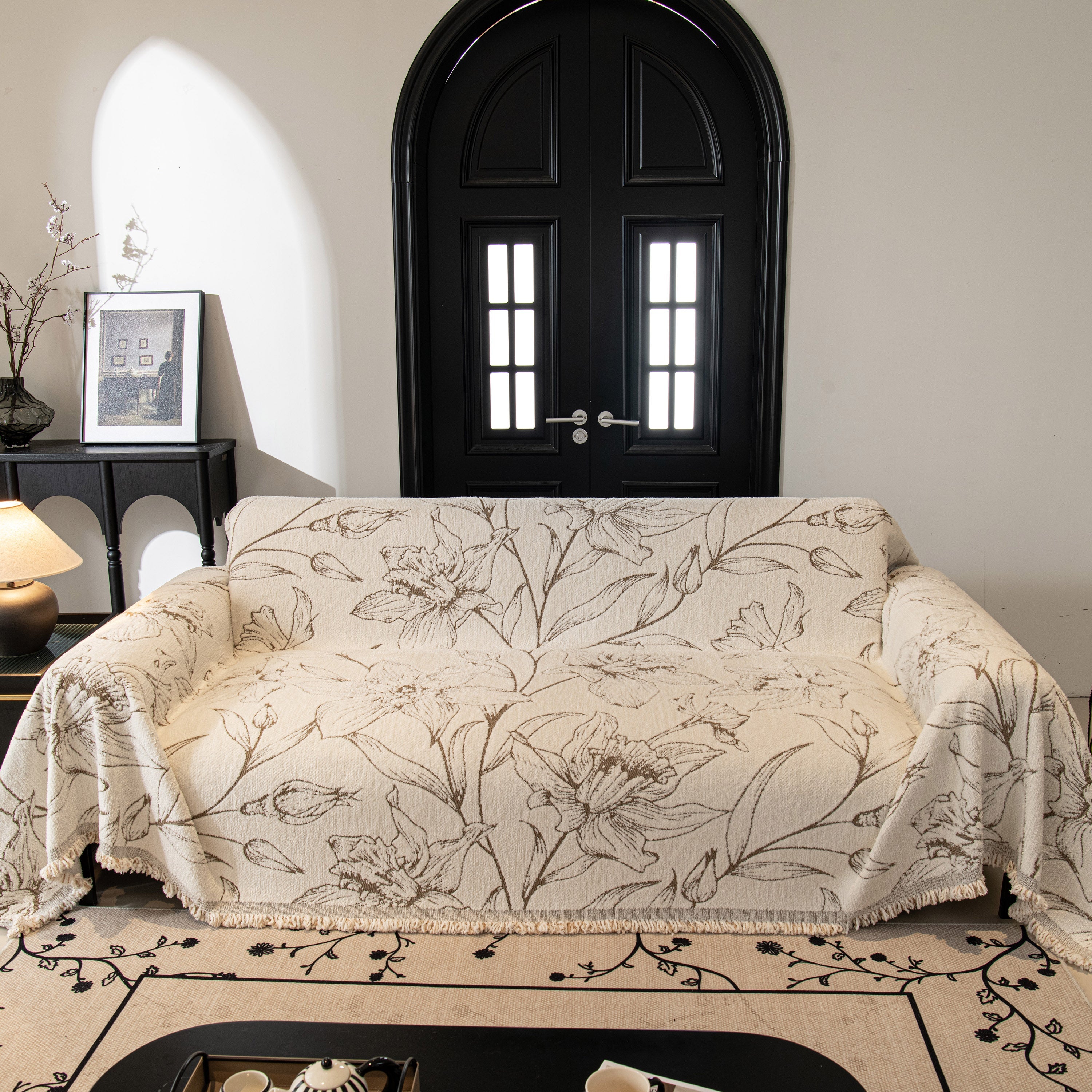 Large Floral Sofa Cover Throw Blanket, Plush Jacquard Non-shedding Couch Cover For Pets