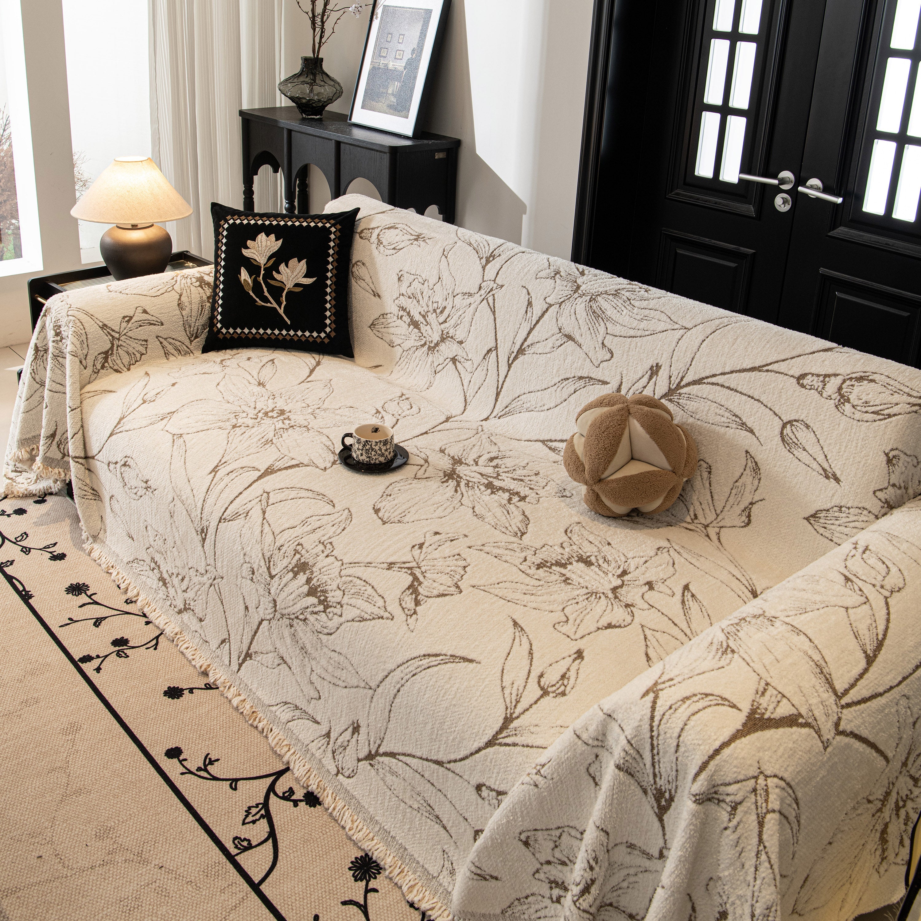 Large Floral Sofa Cover Throw Blanket, Plush Jacquard Non-shedding Couch Cover For Pets