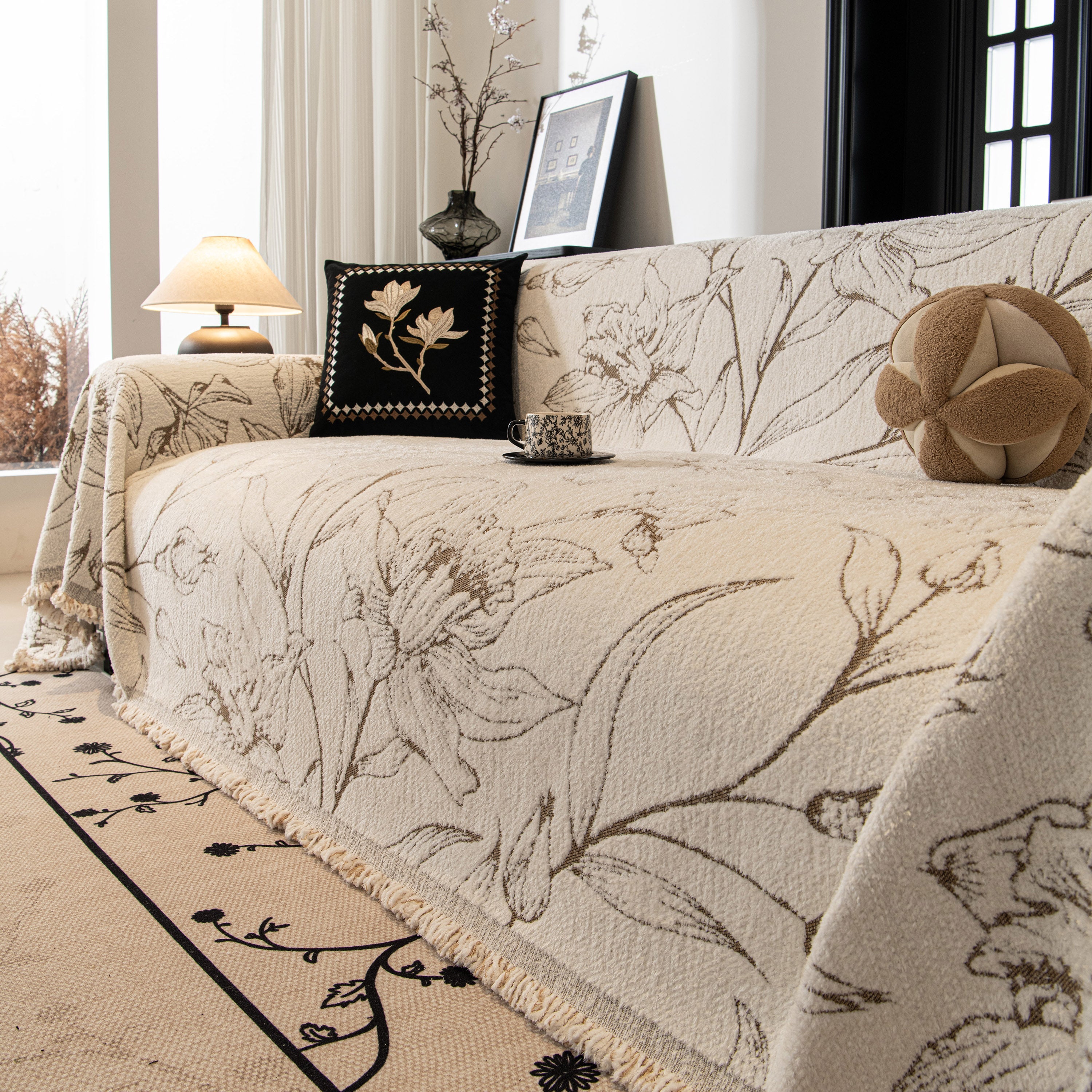 Large Floral Sofa Cover Throw Blanket, Plush Jacquard Non-shedding Couch Cover For Pets