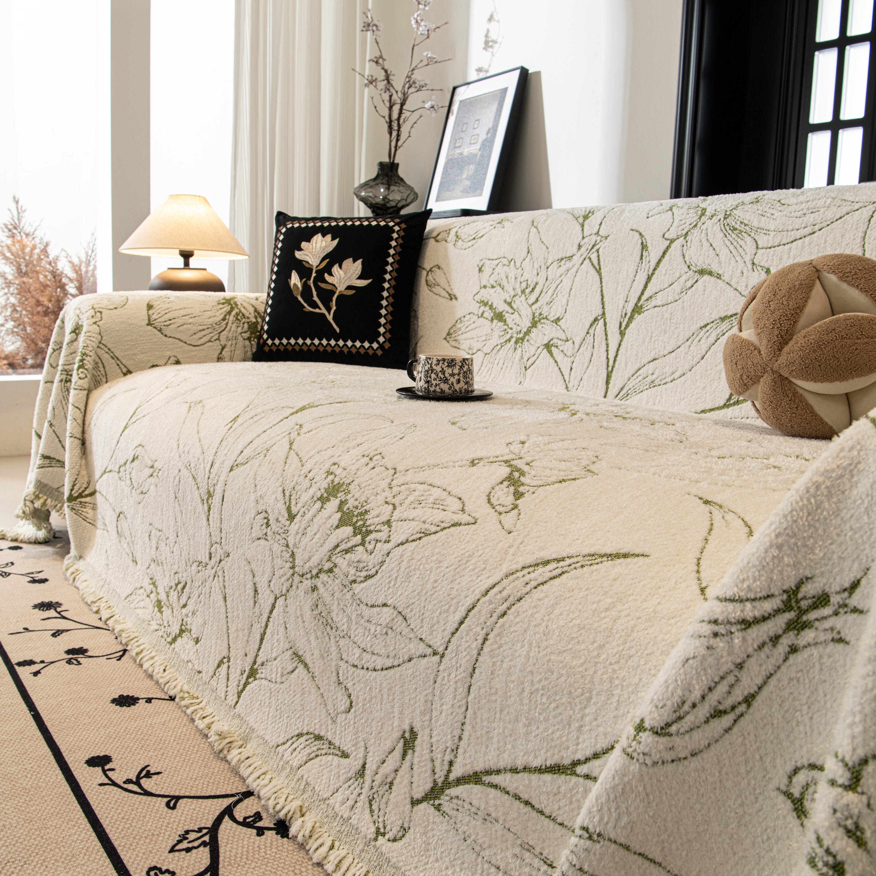 Large Floral Sofa Cover Throw Blanket, Plush Jacquard Non-shedding Couch Cover For Pets