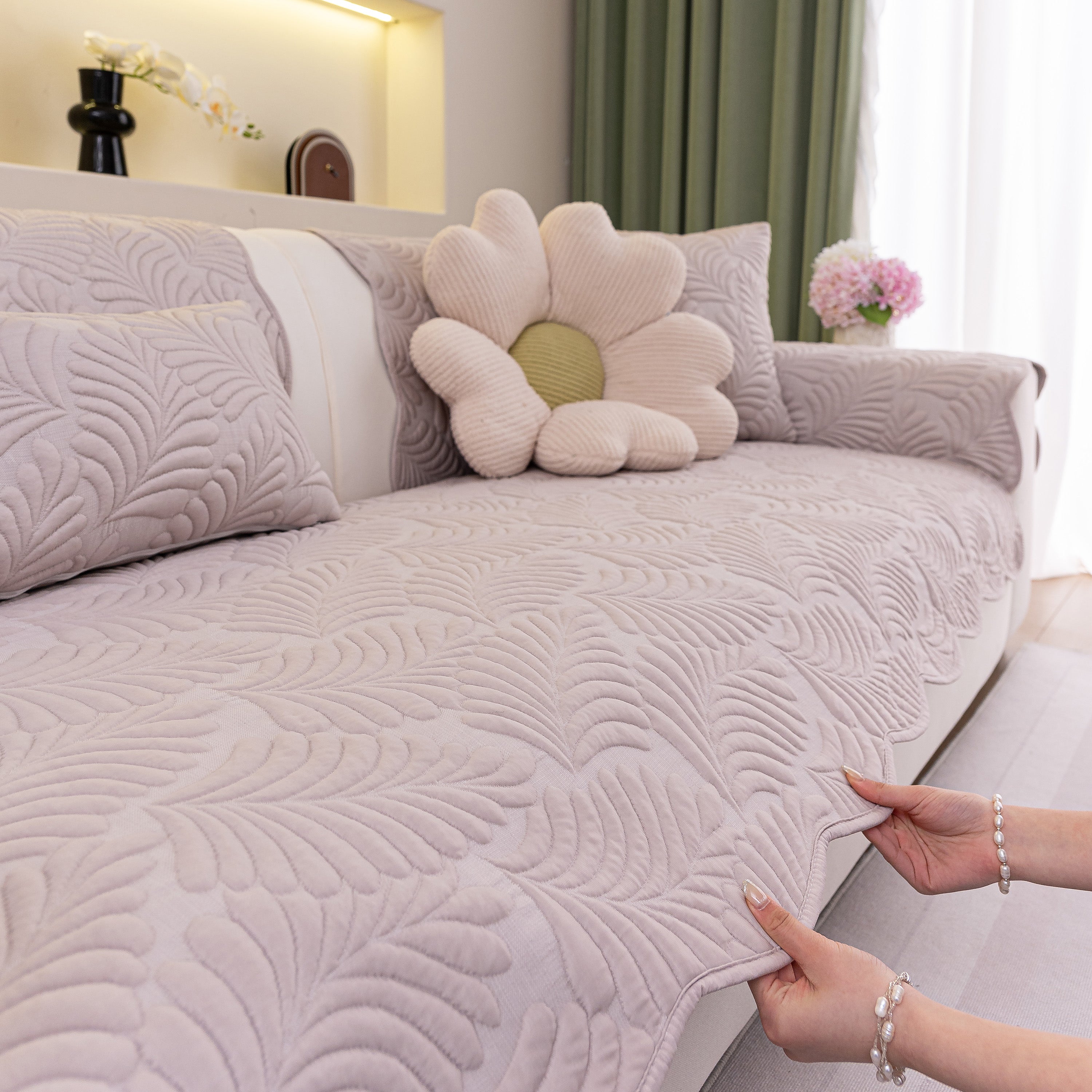 Sofa Cover For Leather & Fabric Couches, 3d Leaf Embossed Quilted Furniture Covers